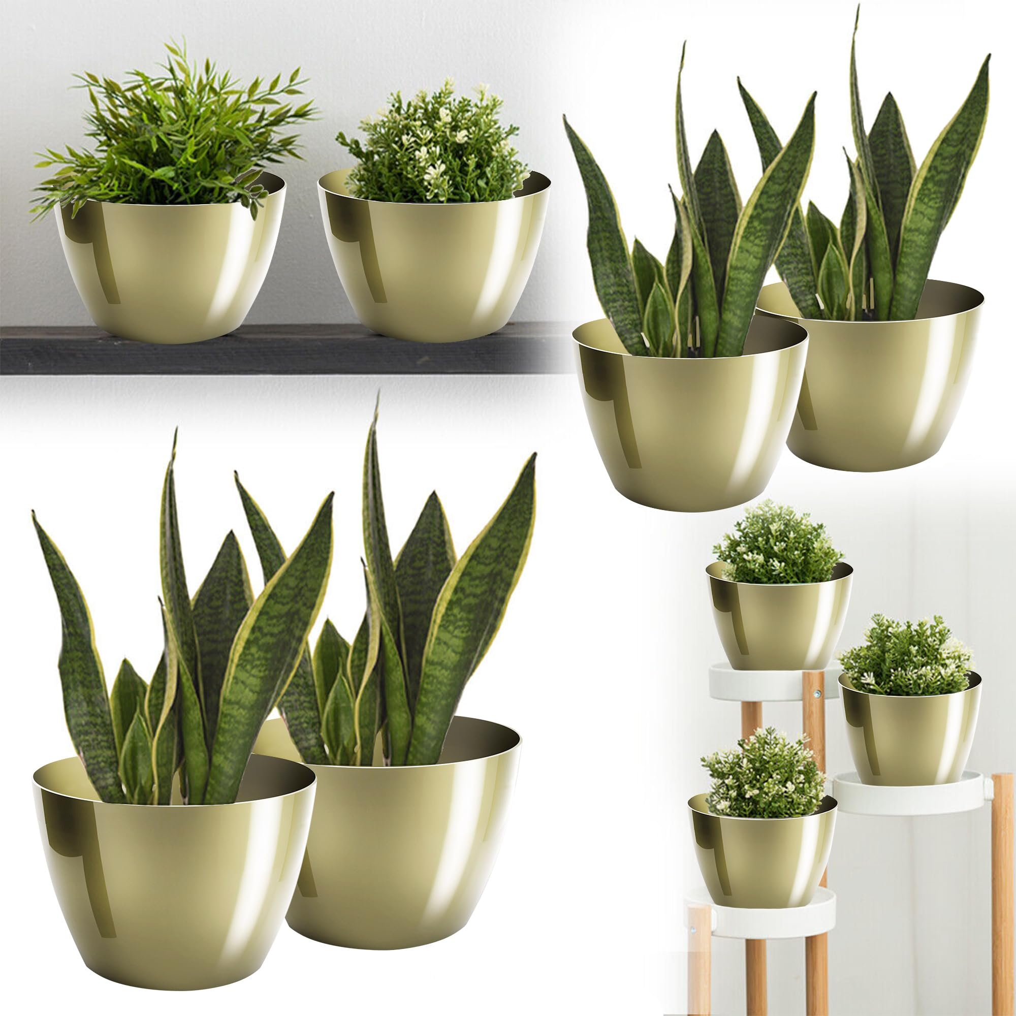 Blumentopf glänzender, Pflanzkübel aus Übertopf Kunststoff Dekorativer Topf für, groß und klein Pflanzen, 2er-Set blumenkübel, blumenkübel kräutertopf, (2 Pack) Gold, ø 14 cm - 3