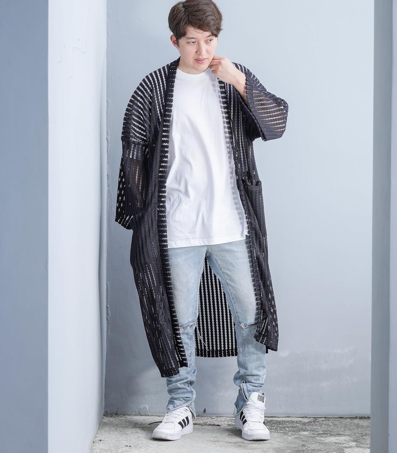 Men's Long Mesh Fishnet Kimono Cardigan Oversize Noragi Jacket Open Front Summer Yukata Beach Robe - Image 5