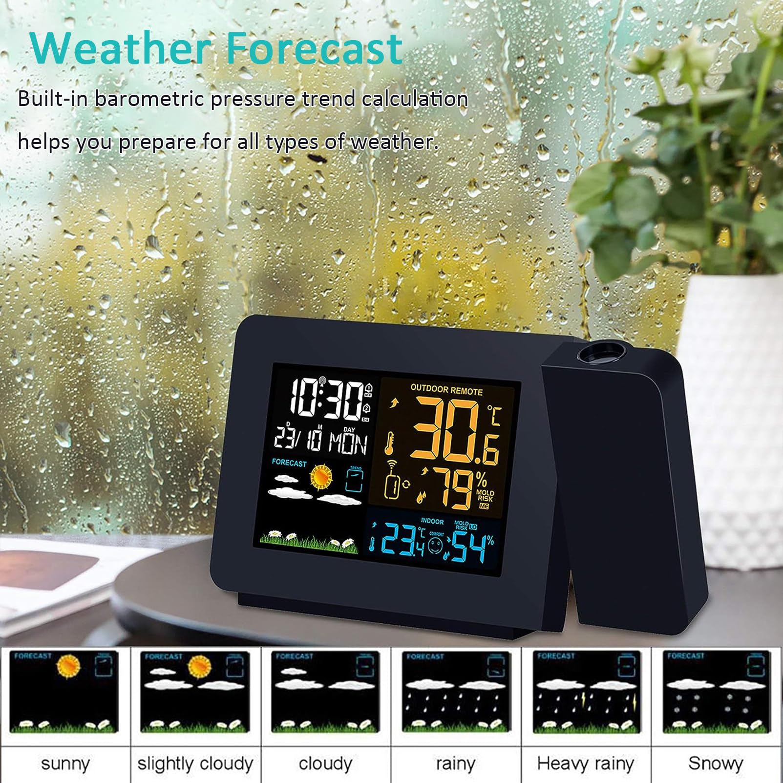 Projektionswecker Digitaler Wecker mit Projektion, Wetterstation mit Außensensor, Projektionsuhr zeigt Thermometer innen außen, Wettervorhersage, Zwei Alarme