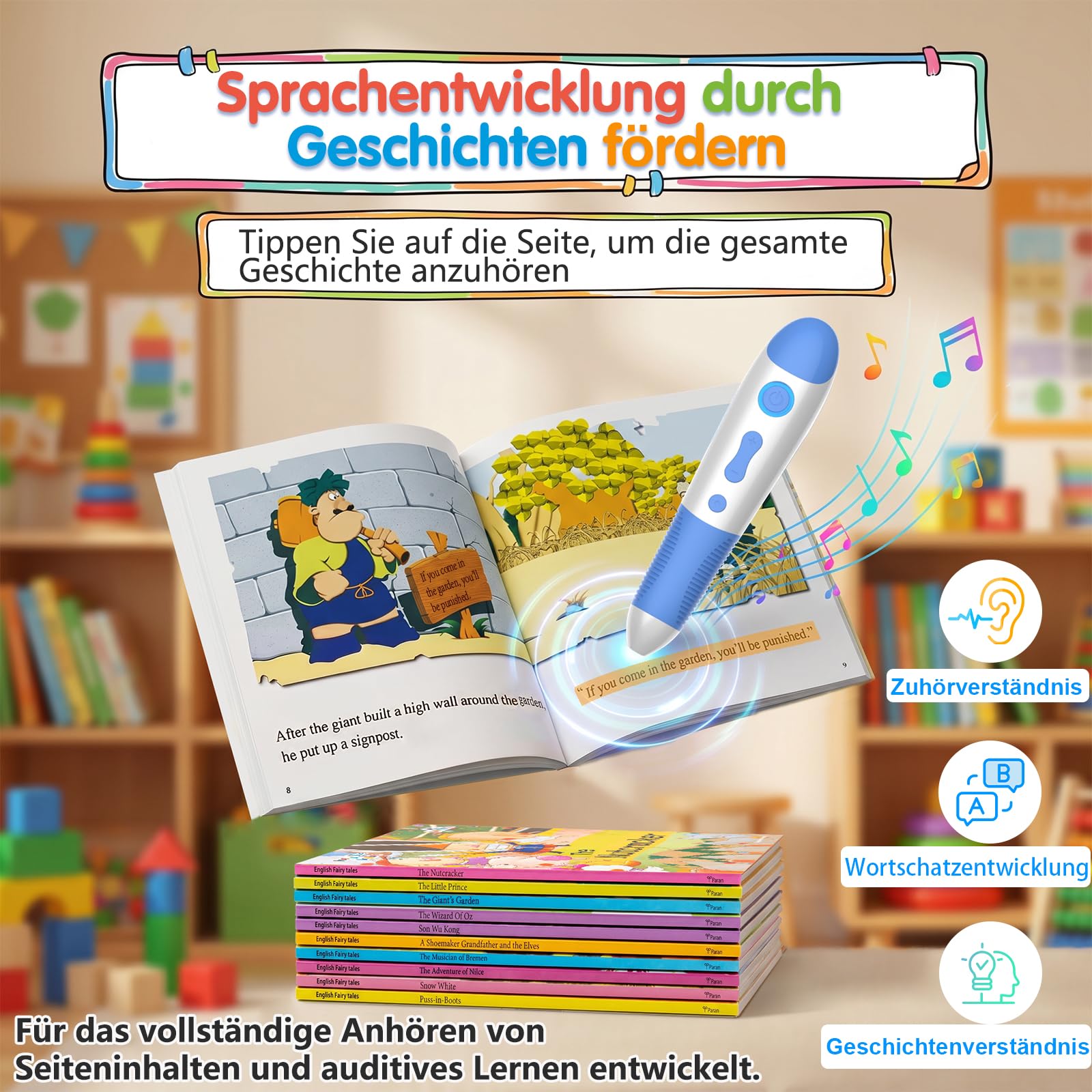 Interaktiver Lernstift mit 10 englischen Geschichtenbüchern, Vorlesestift für Kinder ab 2–5 Jahren, Sprachlernspielzeug, Audio Lernsystem, wiederaufladbar (USB-C)