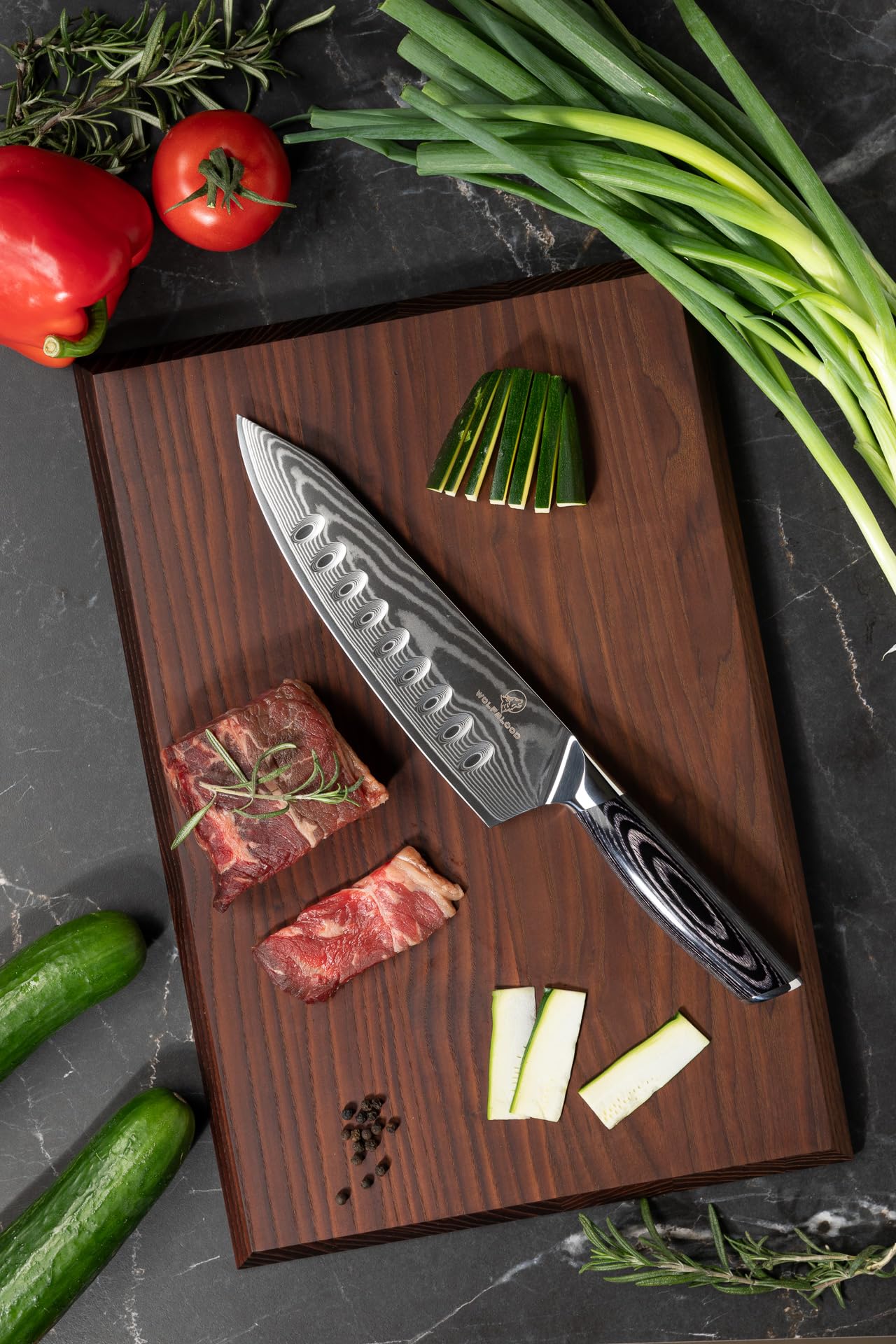 Wolfblood PRO Damastmesser Damast Küchenmesser XL(33cm) TÜV geprüfter 62 HRC Damaststahl aus 67 Lagen I Kochmesser Profi Chefmesser mit Holzgriff Geschenkbox & Klingenschutz