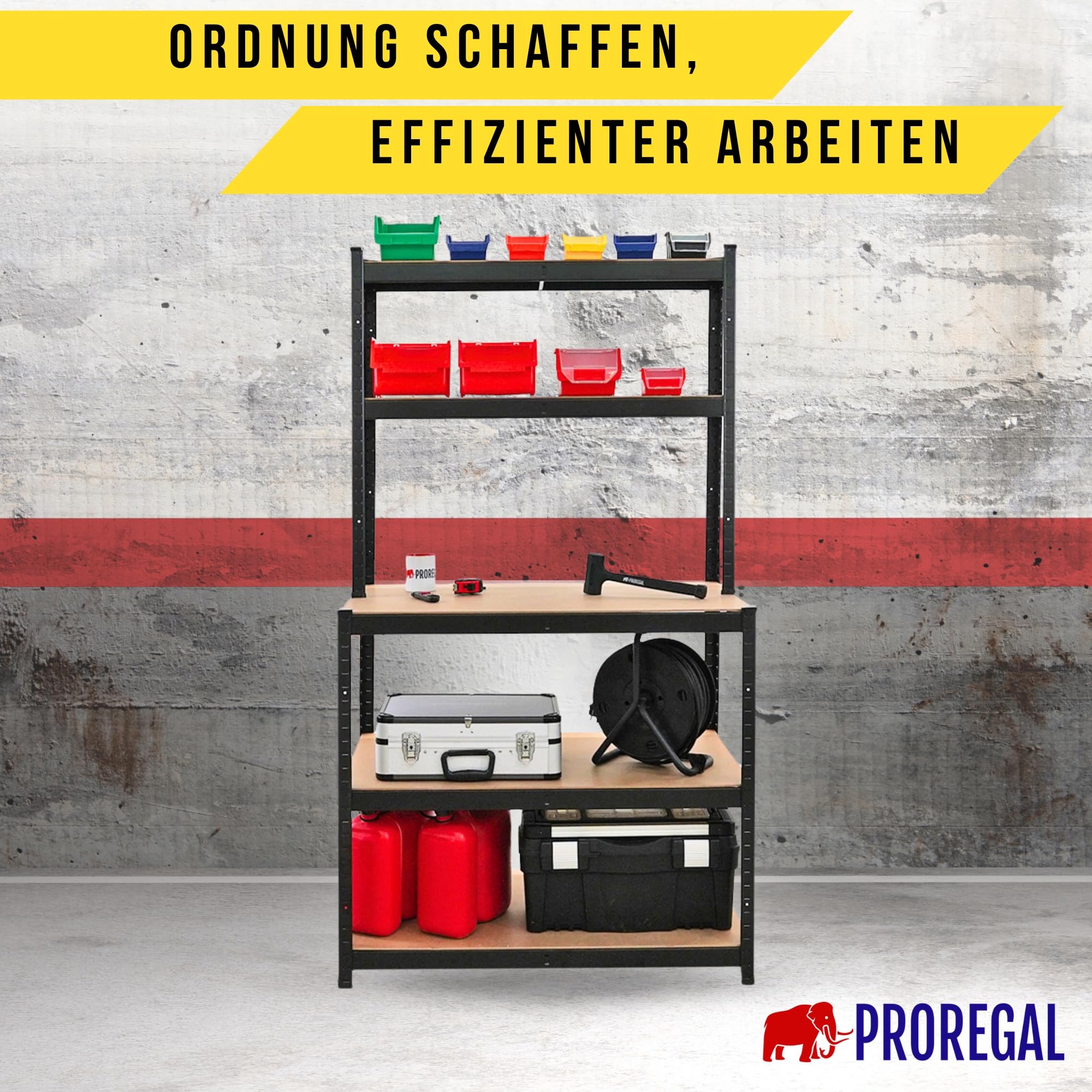 PROREGAL Profi Werkbank Giant Beast HxBxT 180x100x60cm Fachlast 175kg Schwarz Werkbankregal Schwerlastregal mit Werkbank Werkzeugbank Arbeitstisch