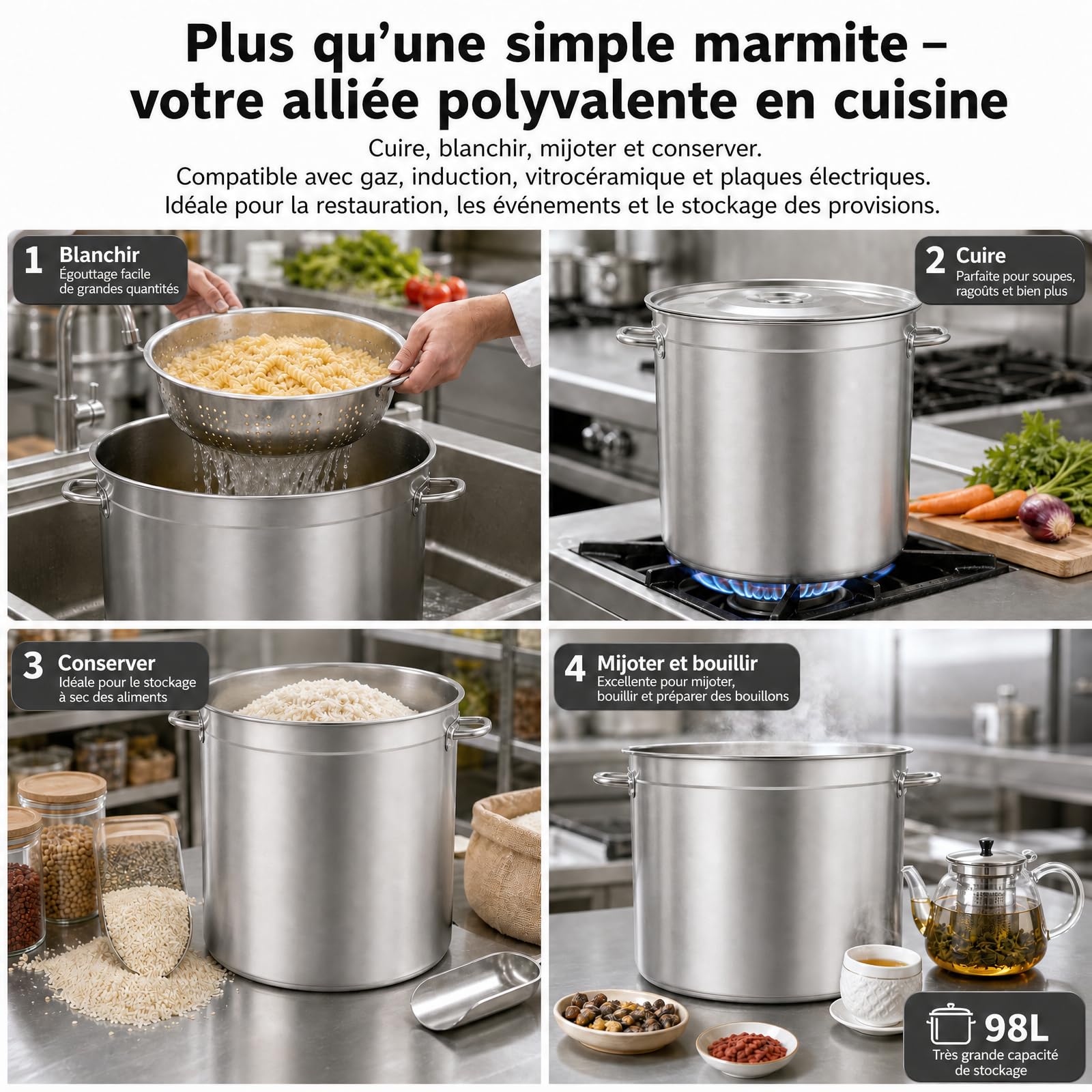 Grande casserole en acier inoxydable 98 L, avec poignées et couvercle d'évier, diamètre 51,5 cm, hauteur 50 cm, pour tous les types de cuisines et grandes cuisines