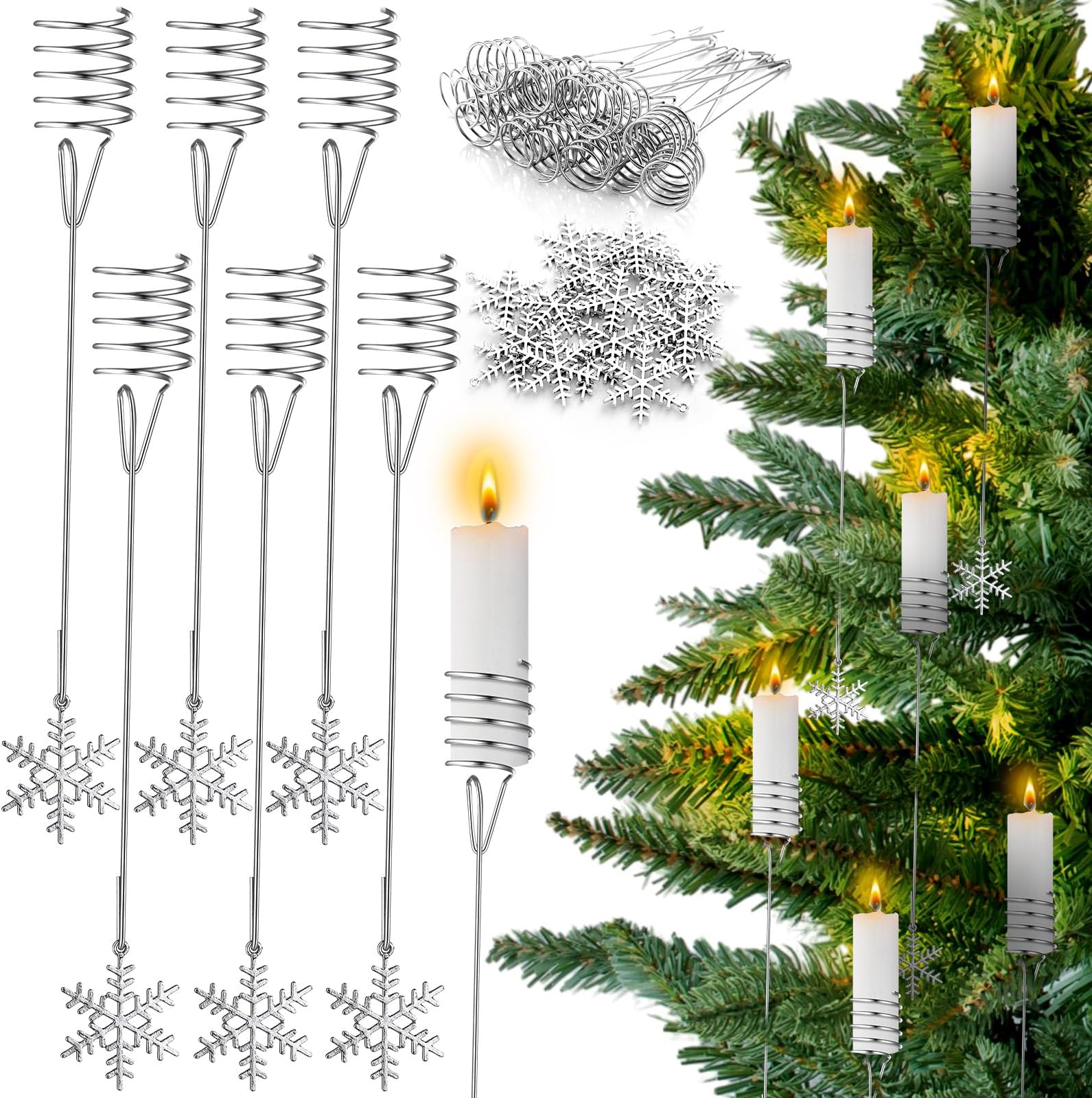20 Pcs Silver Christmas Tree Candle Holders With Snowflake Ornaments - Metal Balance Candlestick for Xmas Indoor Outdoor Party Decoration