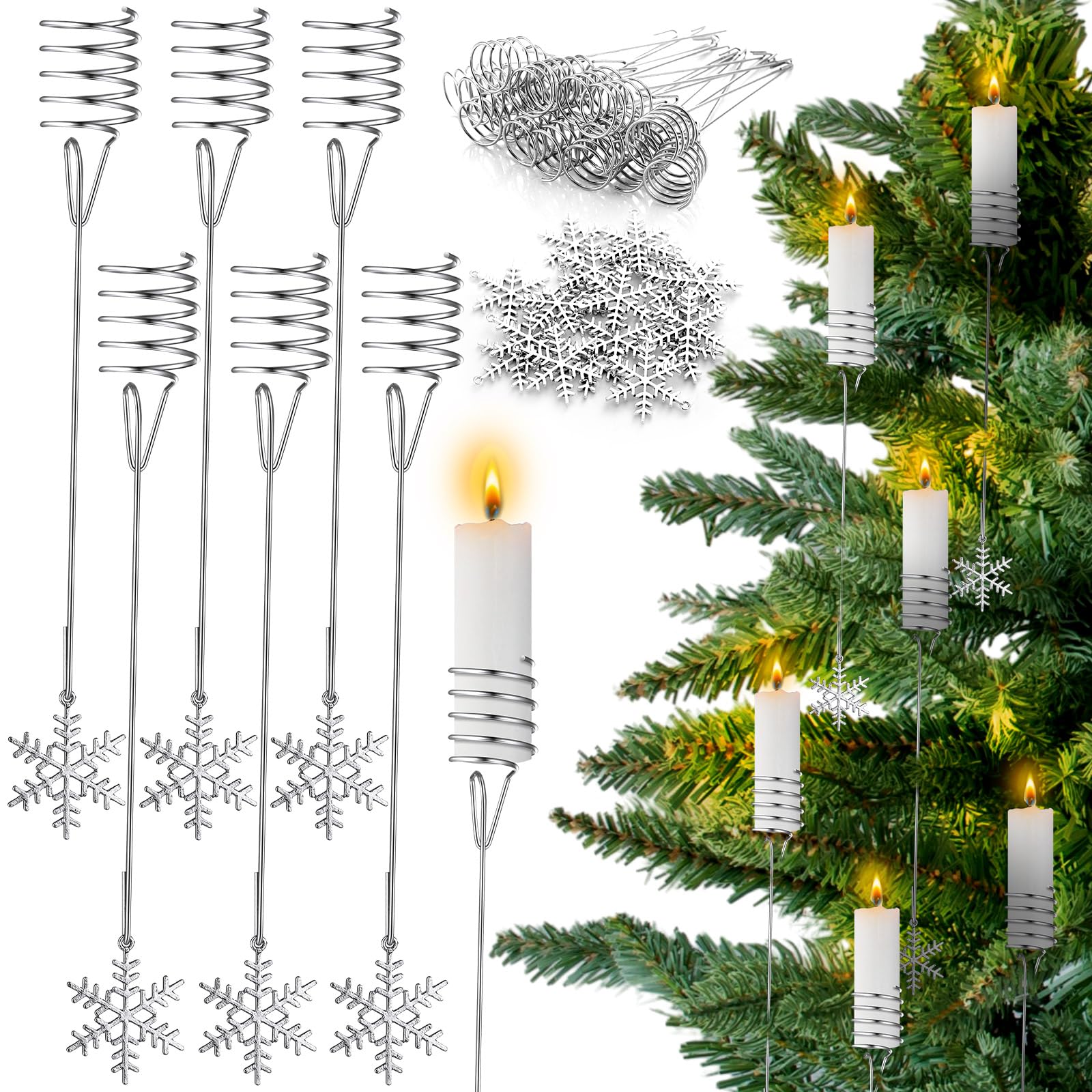 20 Pcs Silver Christmas Tree Candle Holders With Snowflake Ornaments - Metal Balance Candlestick for Xmas Indoor Outdoor Party Decoration