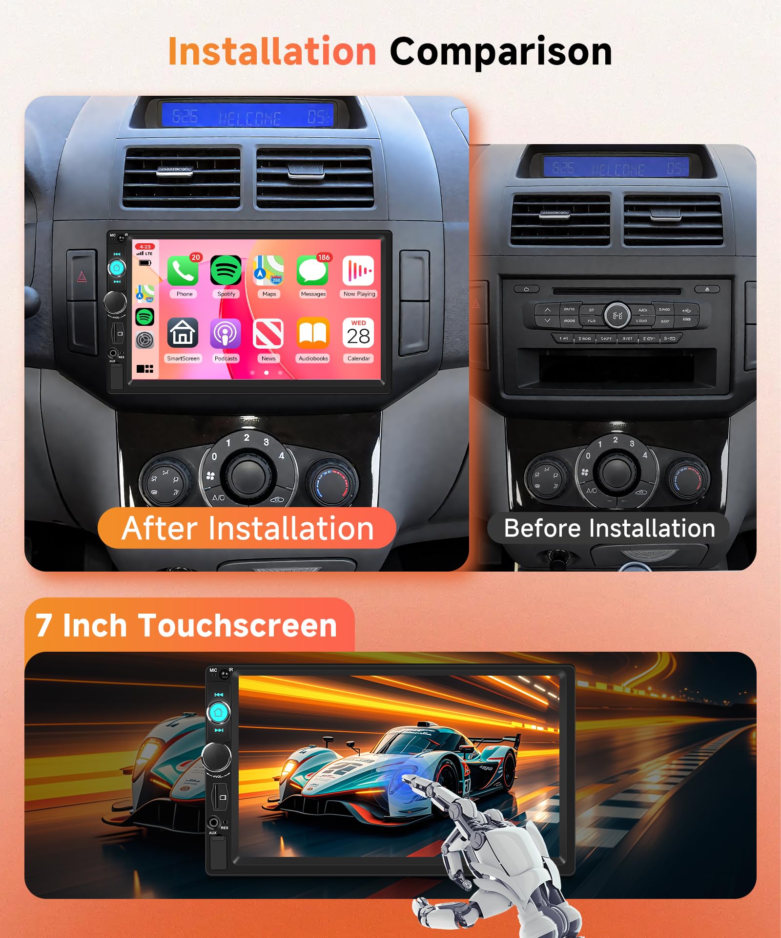 Rimoody DAB+/DAB Autoradio 2 Din con Wireless Carplay Android Auto iOS/Android Mirror Link, 7 Pollici Touchscreen Radio con Bluetooth 5.2 FM Radio USB/EQ Controllo del Volante Telecamera Posteriore