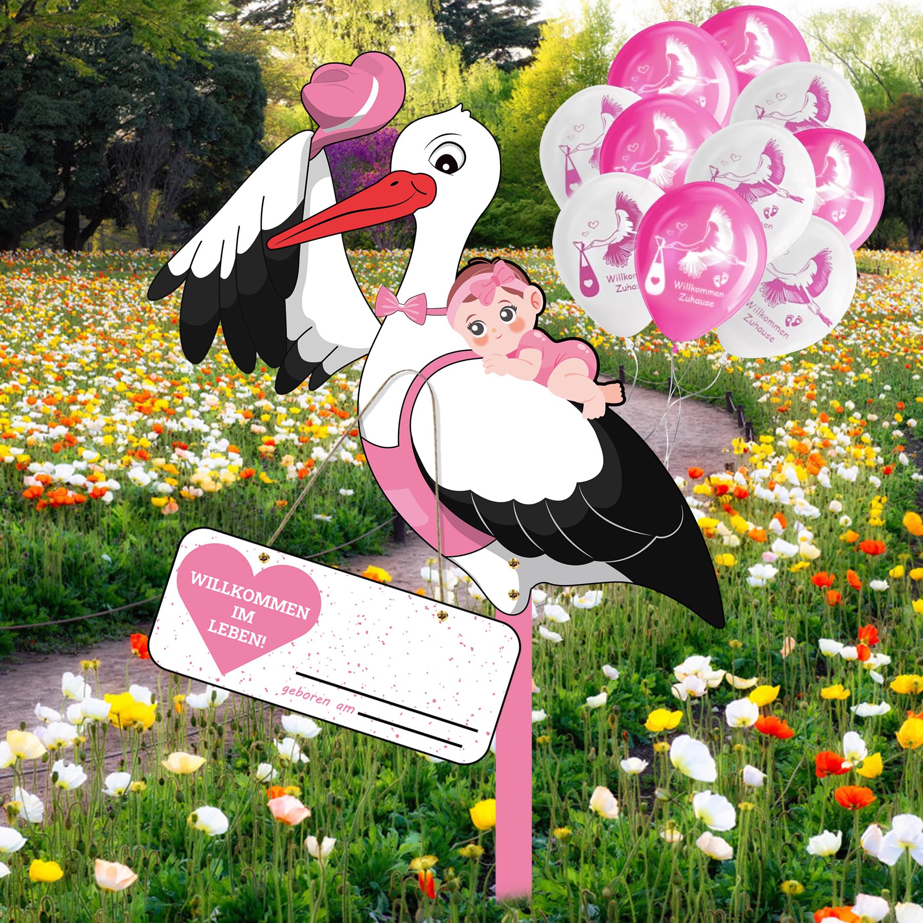 Klapperstorch Baby Rosa,Klapperstorch zur Geburt Draußen+10Pcs Neugeborene Balloon,Storch Geburt für Draussen Mädchen,Beidseitig bedruckt,Geburtsstorch inkl Holzstab+ Namensschild Grußkarte