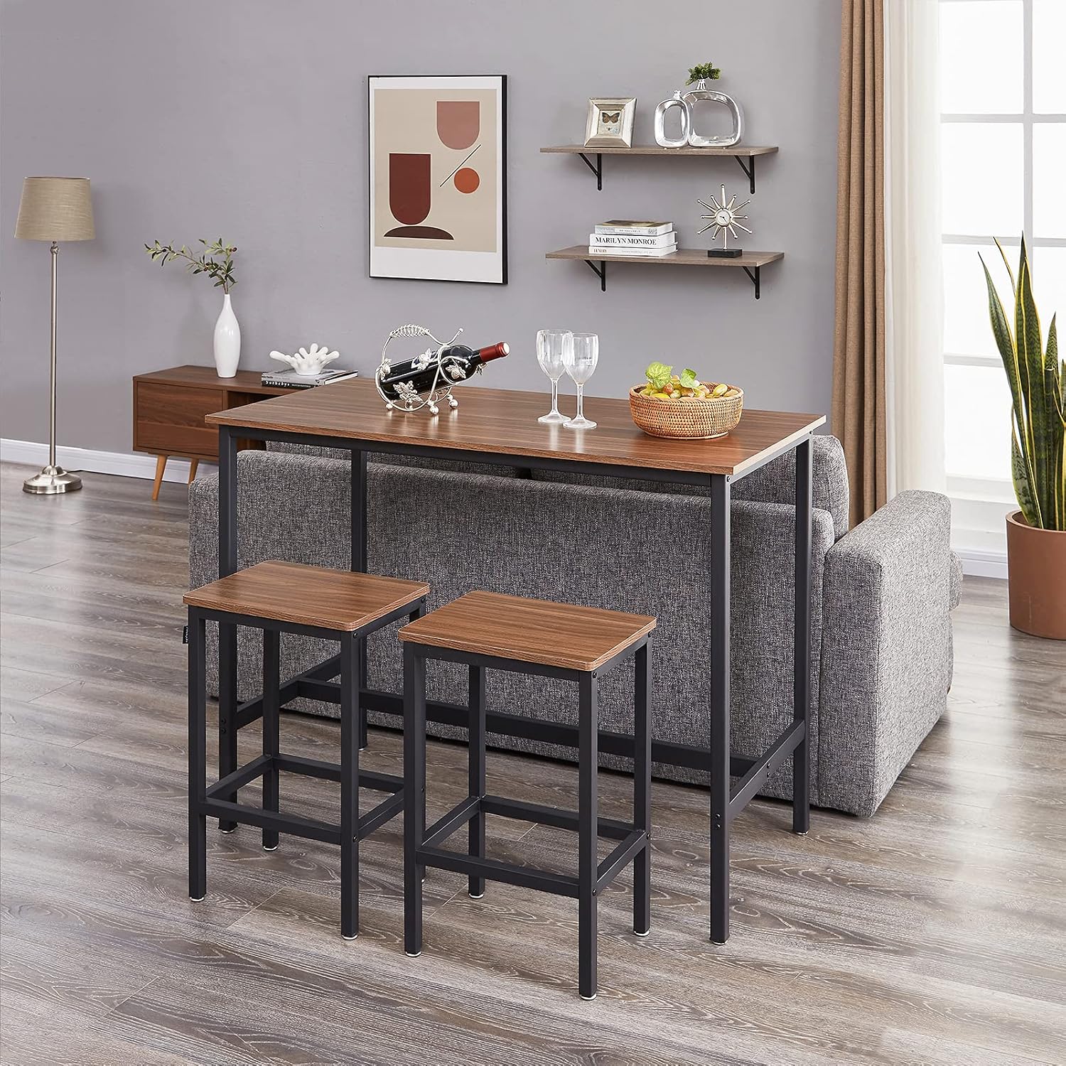 SUPERJARE Bar Table Set with 2 Bar Stools, 47.2” Pub Dining Height Table Set, 3 Pieces Kitchen Counter Set, Vintage Industrial Furniture for Living Room - Brown