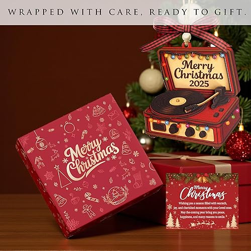 Miniatura 4 de Adorno de tocadiscos de Navidad, madera 3D de disco de vinilo retro, adornos de Navidad 2025 para árbol de Navidad, decoración de Navidad de los