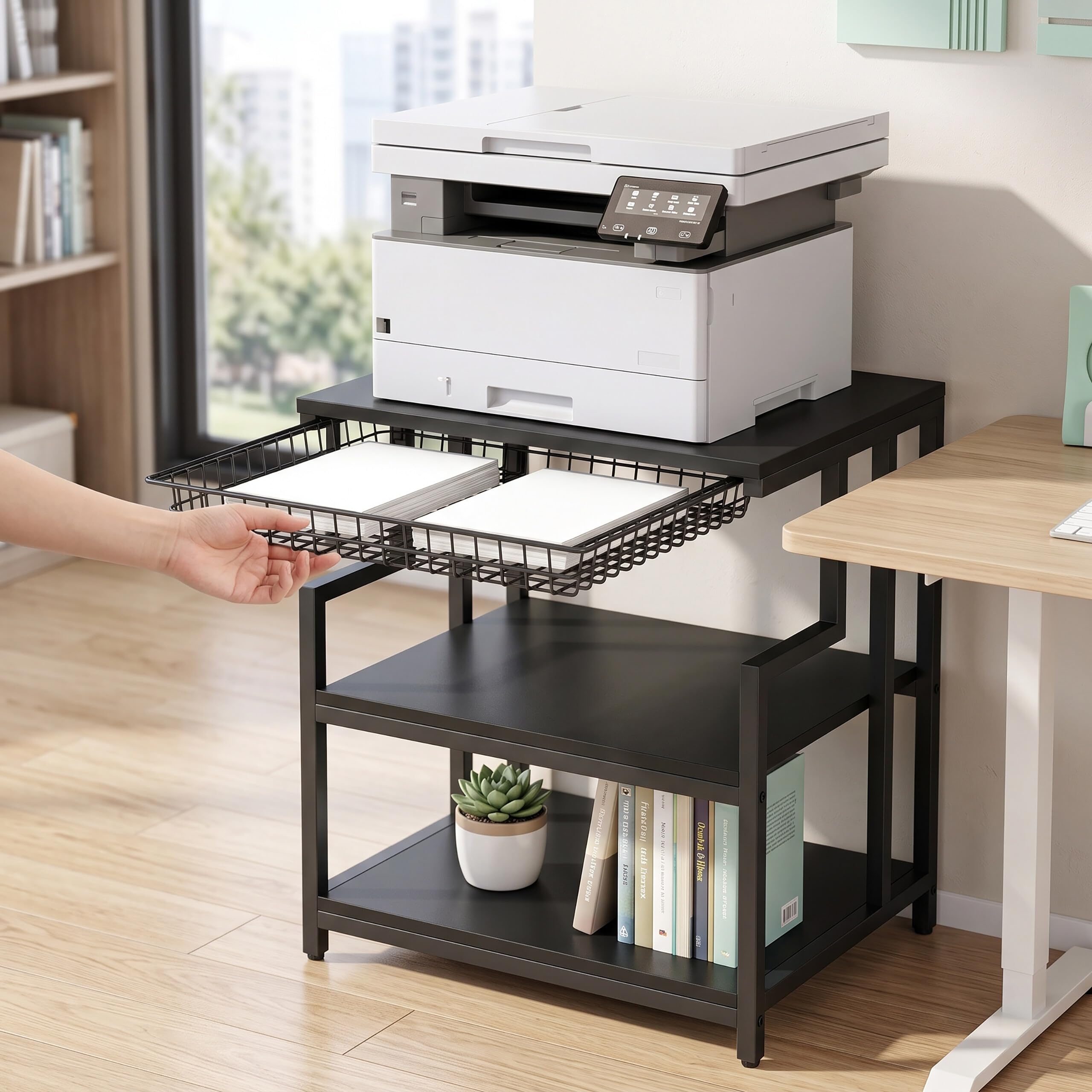 Relaxdays, scaffale per stampante, 3 ripiani, cassetto in metallo, nero