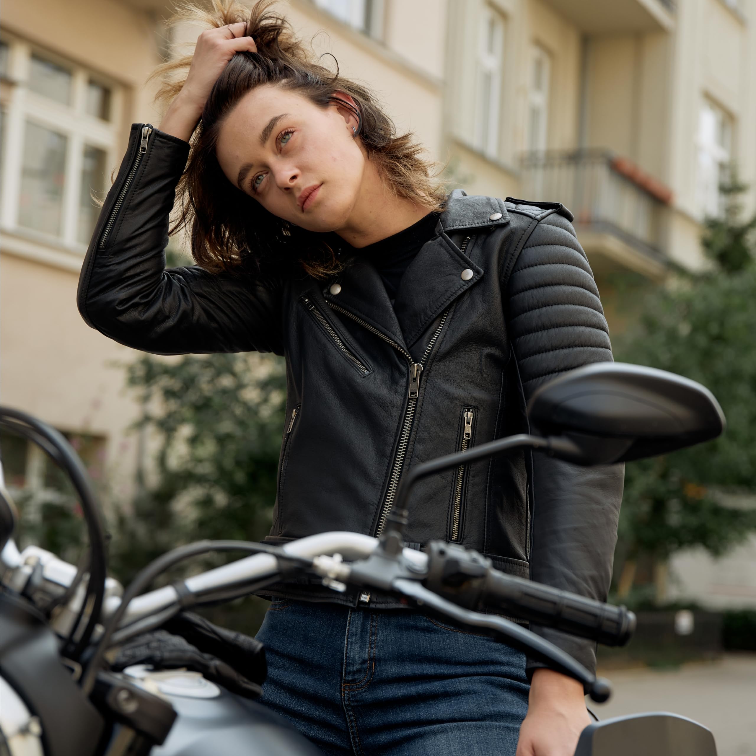 OZONE MOTO Modern Lady Motorradjacke Damen | Ziegenleder | Ellbogen und Schulterprotektoren Stufe 1 | Rückenprotektortasche | Moderner Retro Look | Größen bis 8XL