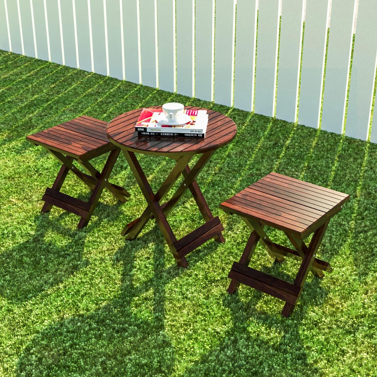 Handmade Wooden Outdoor Wood Standard Foldable Patio Dining Set for Balcony Garden and Outdoor | 2 Chairs and Round Table |(Table - 23.5 x 24 Inch) (Chair - 15 x 16 x 17 Inch) (Coffee Color)-picture-18