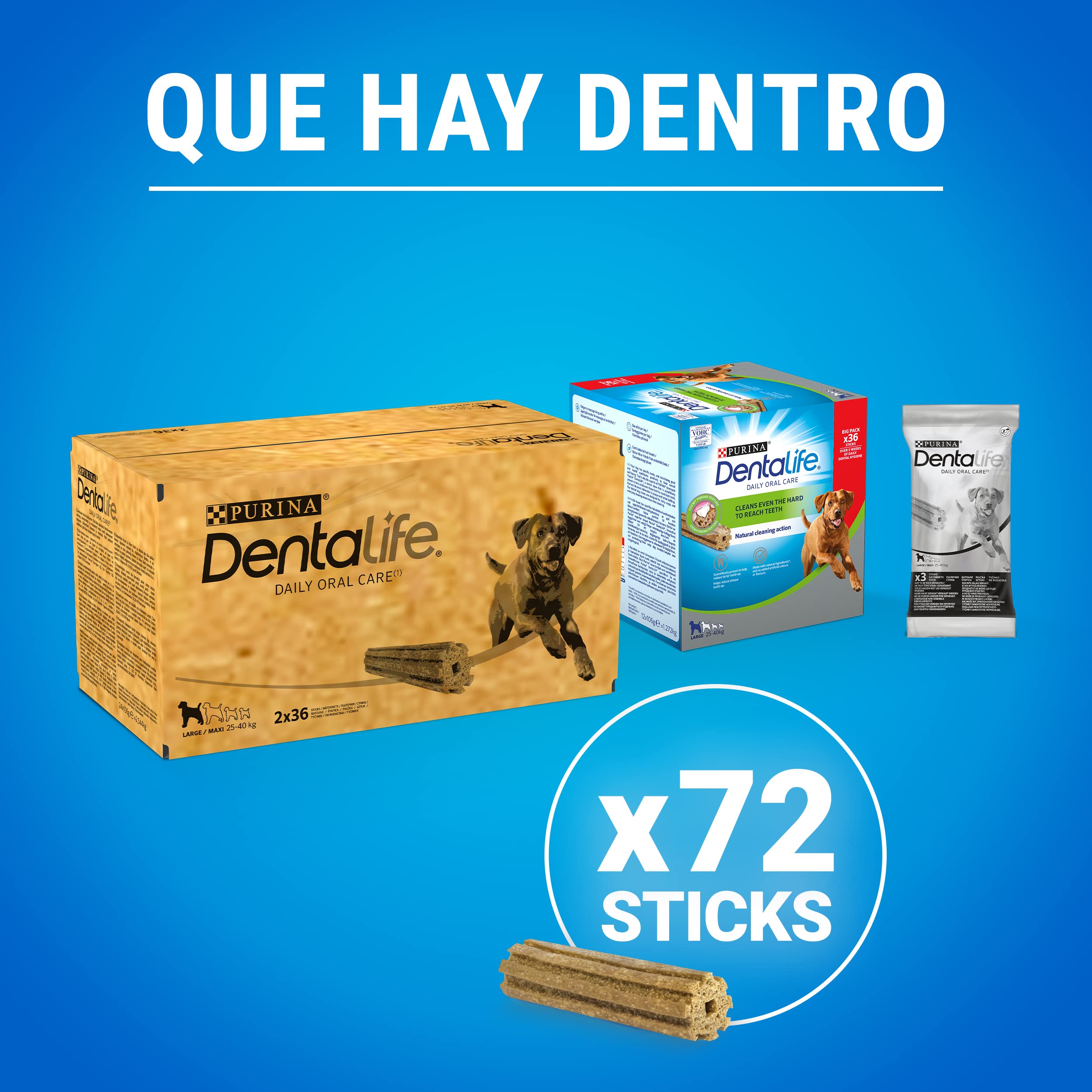 Purina Dentalife Daily Oral Care Large, Snack Dental, premio para perros grandes , 2 packs de 36 sticks - 72 sticks