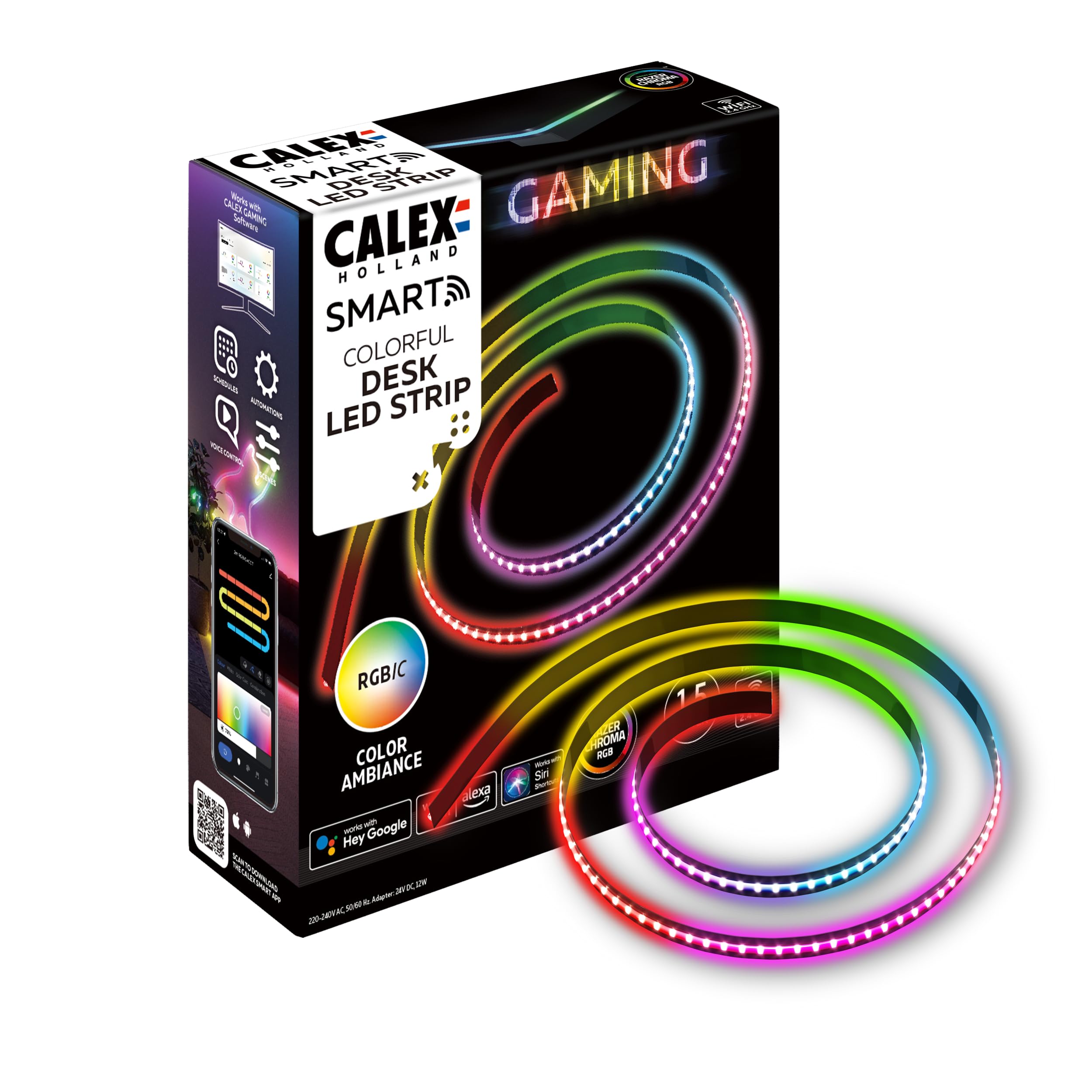 Calex Wit Smart Led Strip 150 Cm, Rgbic Ambient Lighting For Desk, Tv And Living Room, App And Voice Control, Wifi, Self-Adhesive