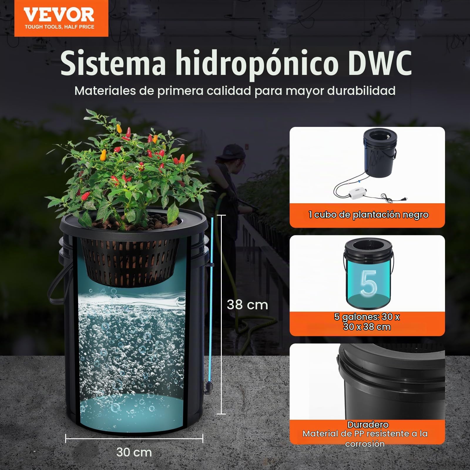 VEVOR DWC Sistema de Cultivo hidropónico, Kit de Goteo Superior, Cultivo en Agua Profunda de 20 litros, 1 Cubo, Bomba de Aire, Piedras de Aire, Dispositivo de Nivel de Agua, para Verduras, Flores