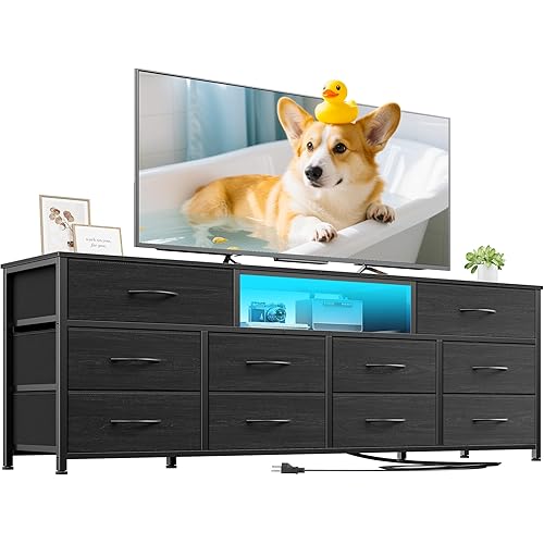 Furnulem 63” Long Dresser for Bedroom, TV Stand for 65 to 75 inch TV, Black Dresser with 10 Fabric Drawers, Chest of Drawer for Closet, Entertainment Center with Power Outlet & LED Light