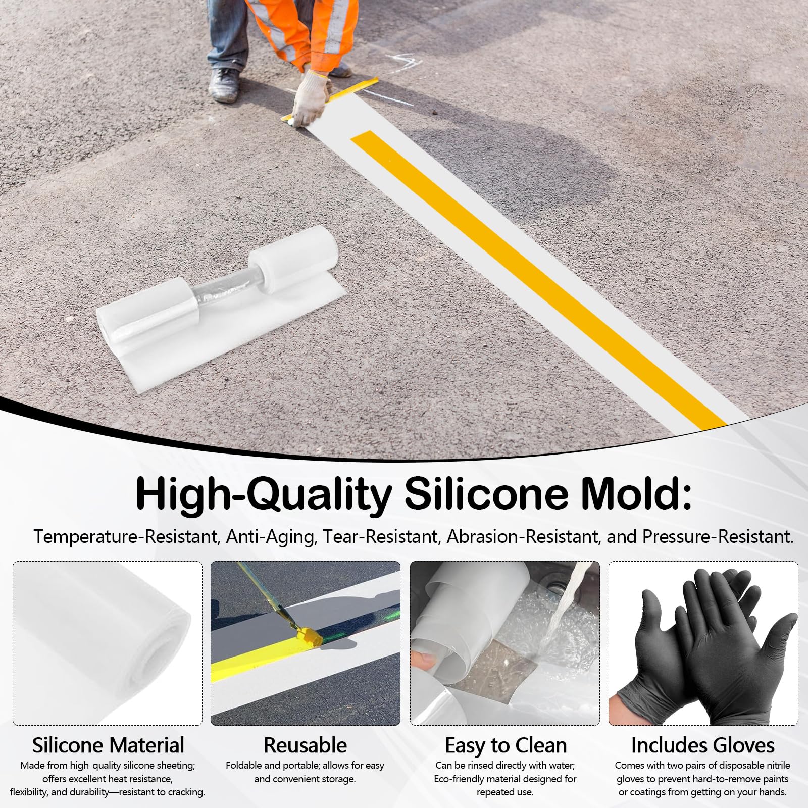 Set da 2 stencil in silicone per linee a terra, 235 x 30 cm, con due paia di guanti monouso in nitrile, riutilizzabile, per strade, campi sportivi, magazzini e aree industriali