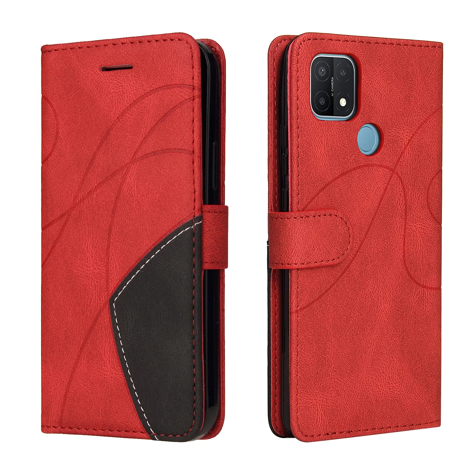 SONWO Cover Portafoglio In Pelle PU Per Oppo A15 Con Chiusura Magnetica, Slot Per Carte E Supporto - Rossa - 3