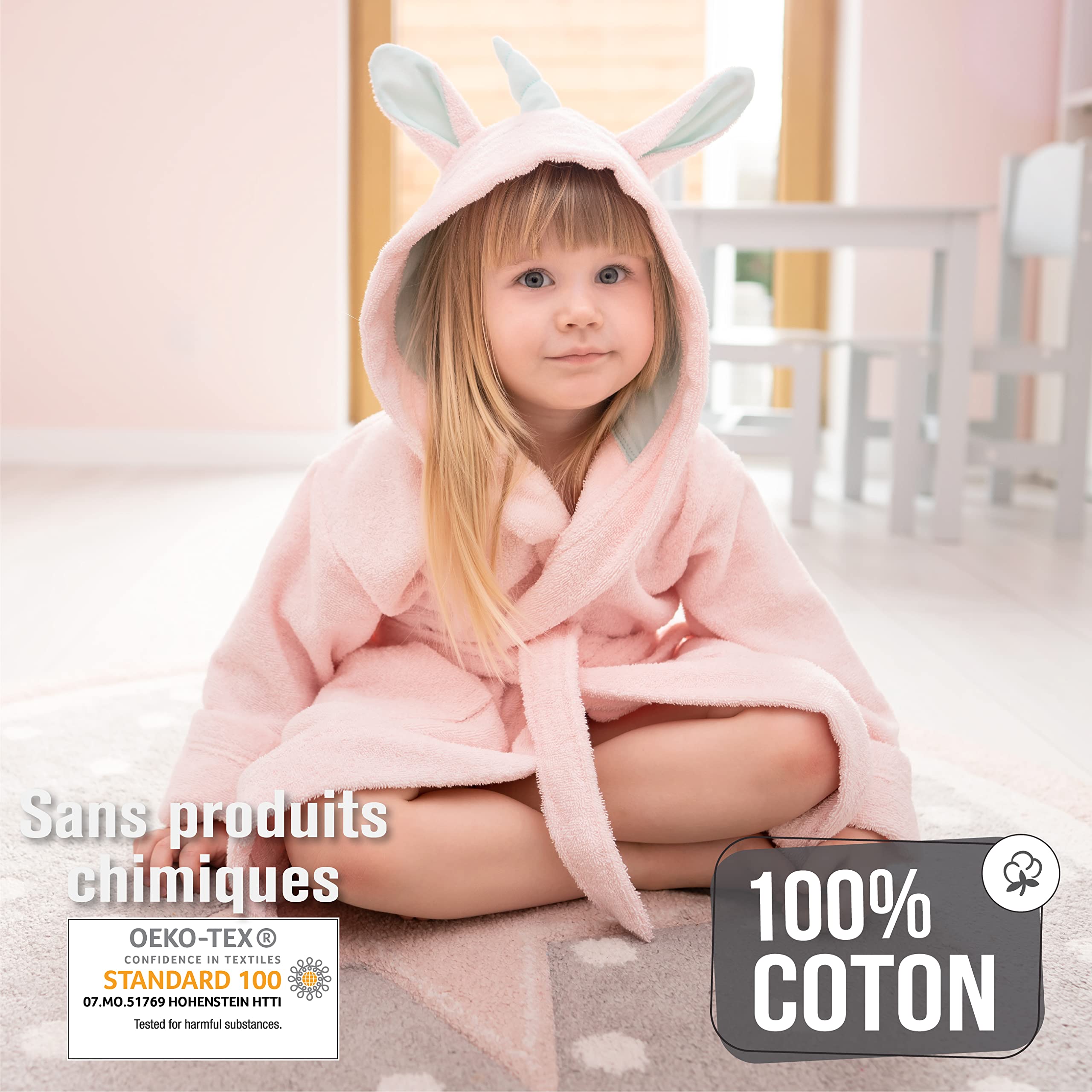 Twinzen Peignoir Enfant Licorne - Fille et Garçon - OEKO-TEX® 100% Coton - Peignoir de Bain et Robe de Chambre Enfant