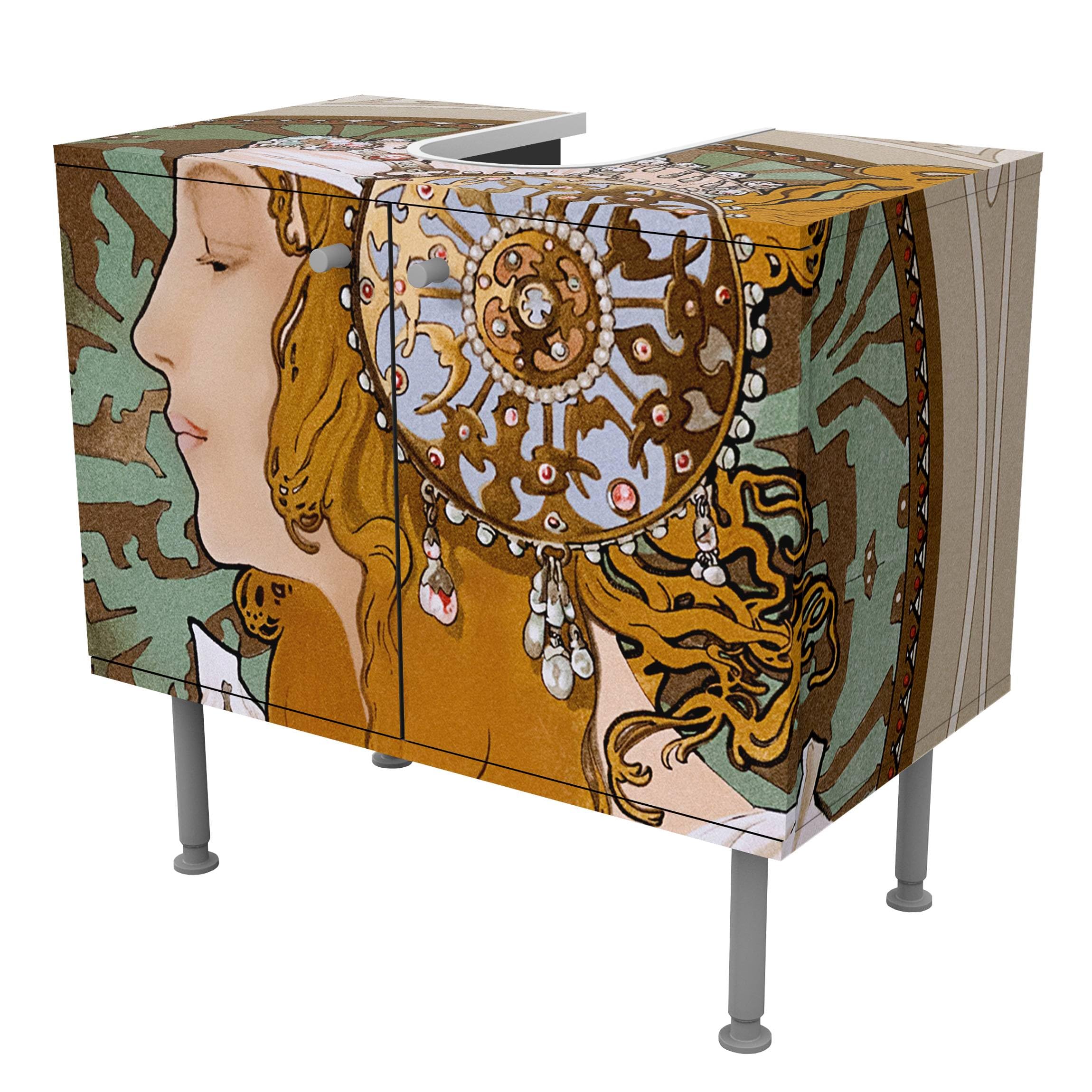 Waschbeckenunterschrank 2 Türen Kunst höhenverstellbar mit Füßen - 60er Breite - originell Retro Vintage Unterschrank beige Bad Gäste WC Möbel mit Motiv 1733