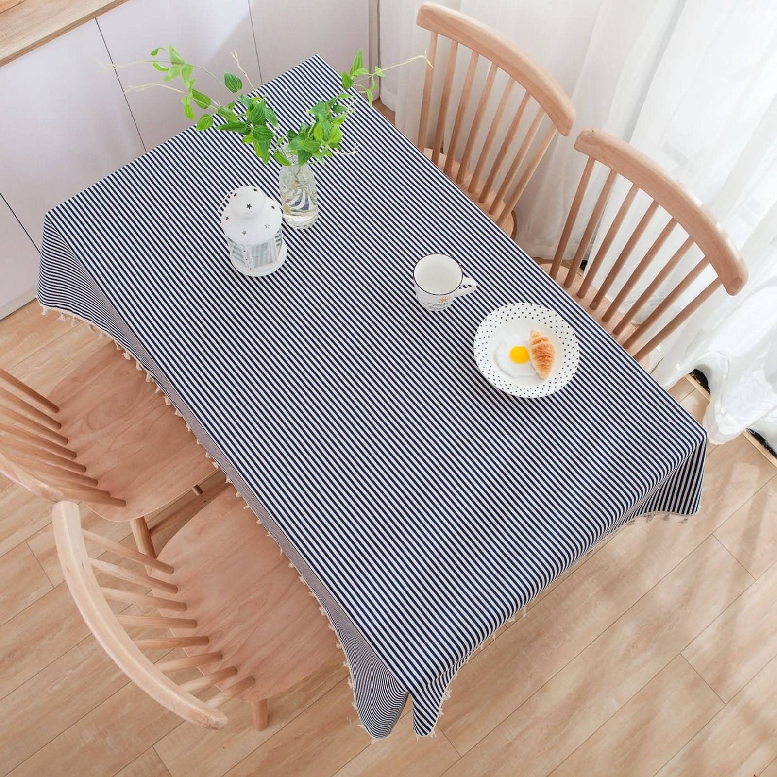 Tovaglia quadrata moderna con strisce blu navy elastico misto cotone lino 140 x 300 cm tovaglia per cucina e sala da pranzo elegante bordo nappa