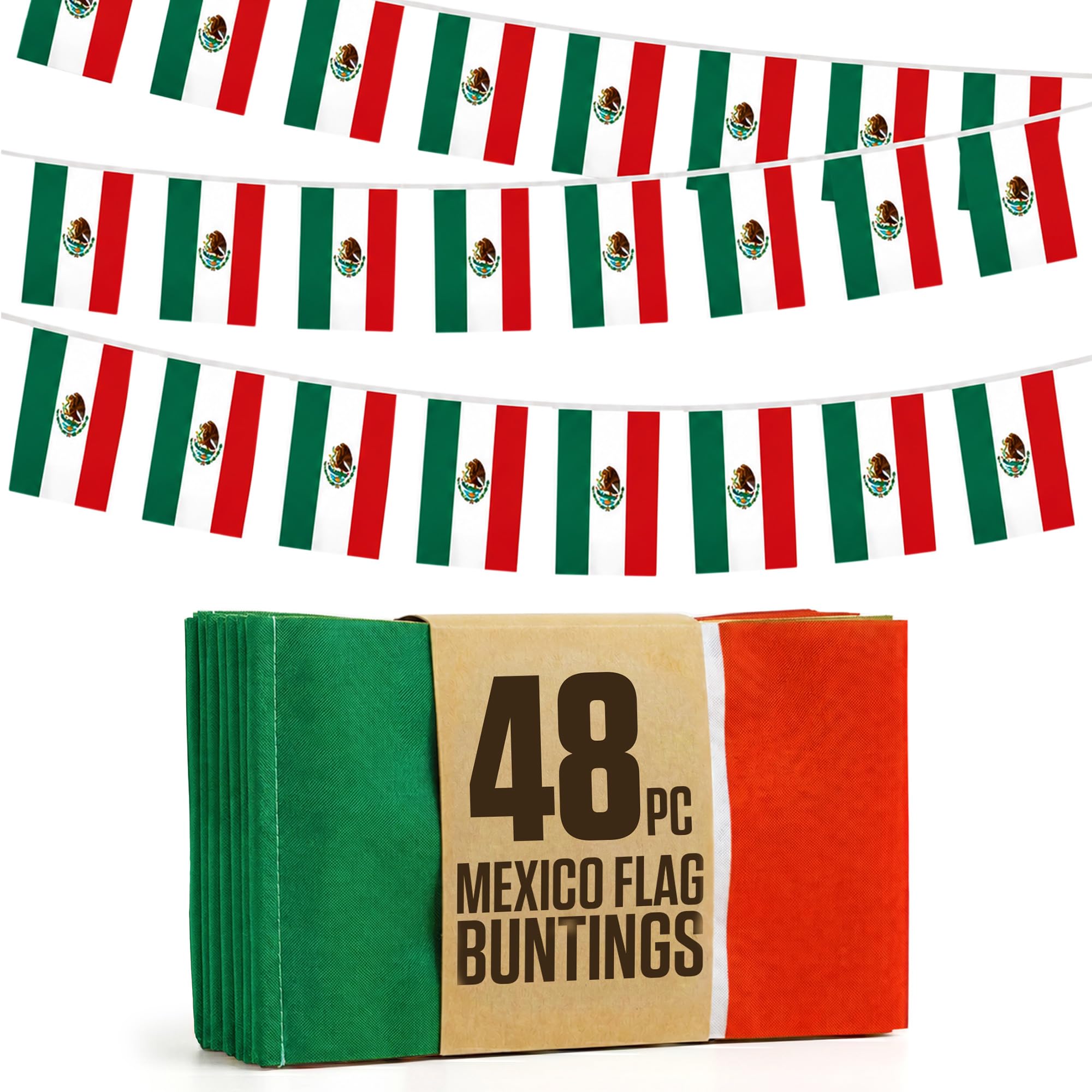Mexico Flag Bunting 48Pcs Flags 14x21cm String Banner - 49ft Polyester Rope Double-sided Printed for Indoor, Cinco de Mayo, Game Day, Patriotic Party & Mexico soccer decorations