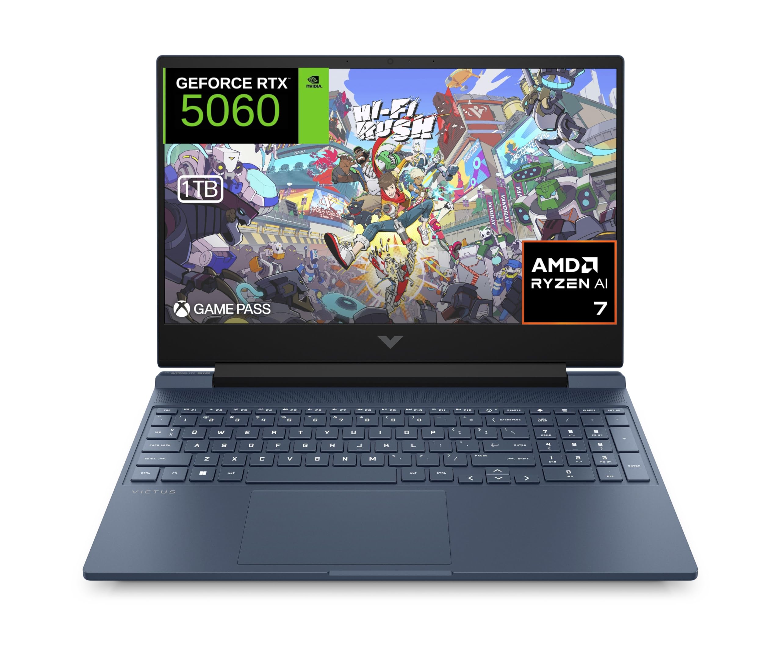 HP Victus - Ordenador portátil Gaming 15" FHD (AMD Ryzen AI 7 350, 16GB RAM, 1TB SSD, NVIDIA RTX 5060, FreeDos) Azul - Teclado QWERTY Español