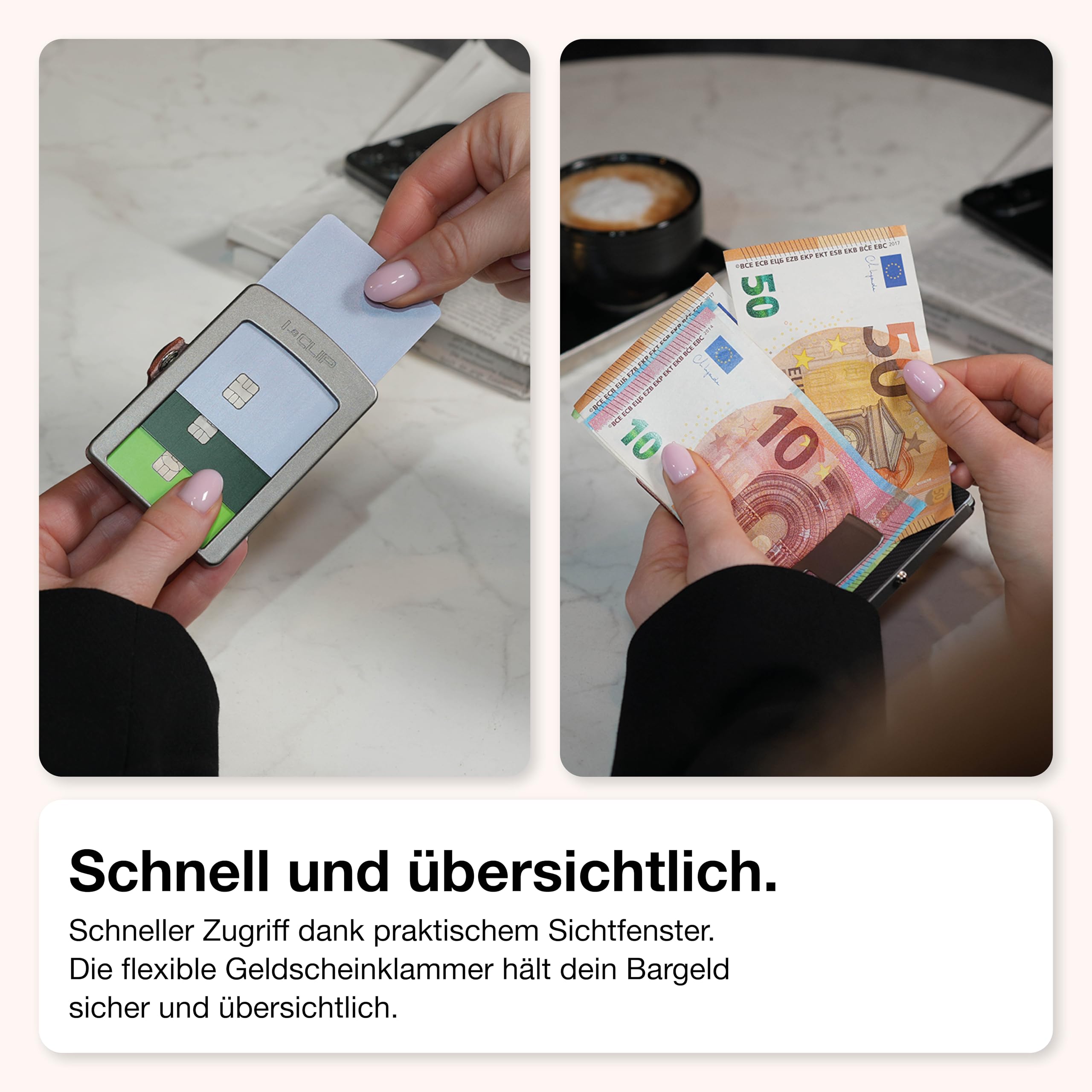 I-CLIP Original Geldbörse mit Münzfach - Damen - Leder Portemonnaie - mit Geldklammer - hochwertiger Geldbeutel - Slim Wallet - Silberner Rahmen - Rosa Leder - Bernardette