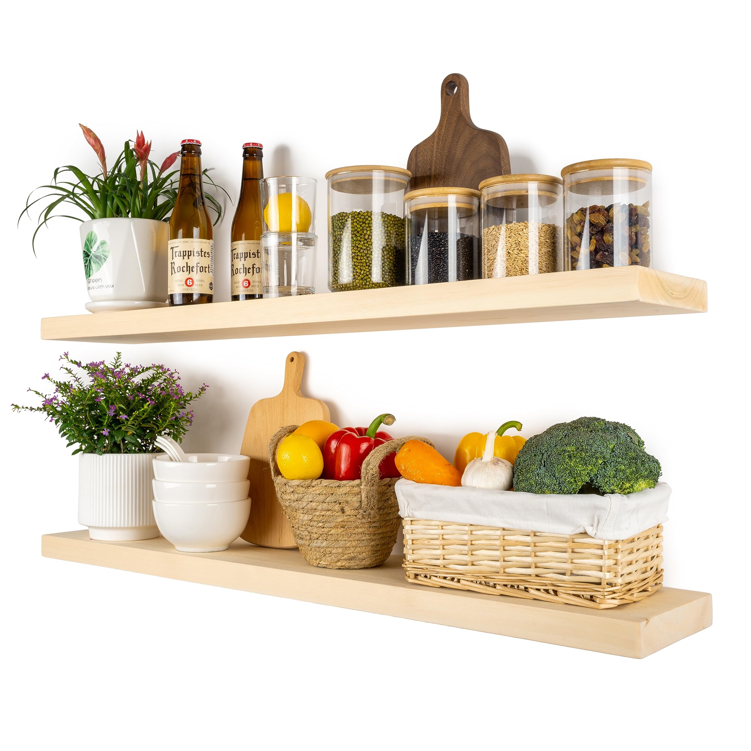 BGMG Wood Floating Shelves 36 inch, Wide Rustic Wooden Wall Shelves for Bathroom Living Room Bedroom Kitchen Farmhouse Set of 2-36x 6.7 x1.25 inch- DIY-Unfinished