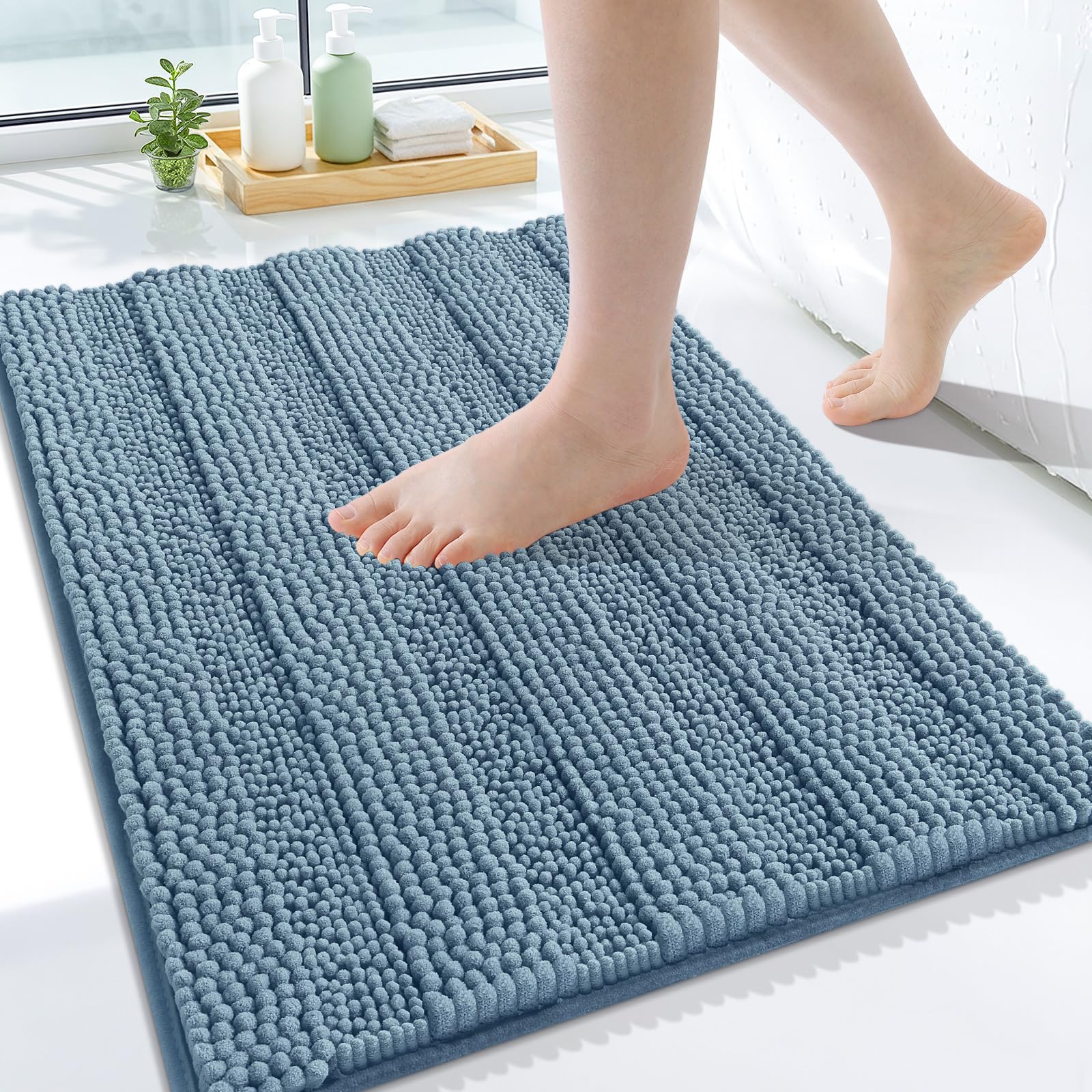 Grandaily Chenille Bathroom Rugs 24x16, Soft Absorbent Bath Mats, Airy Blue