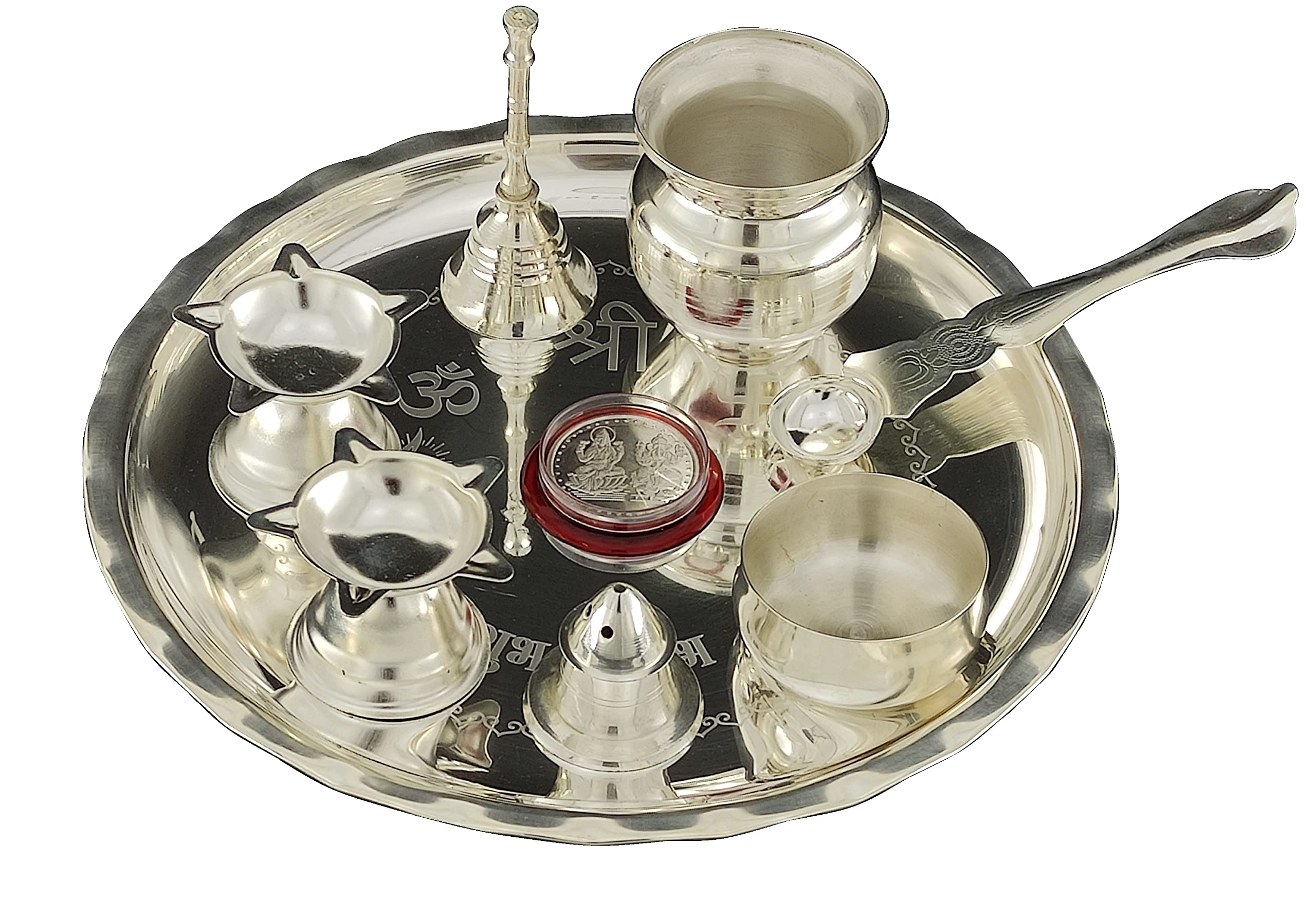 BENGALEN Silver Plated Pooja thali Set 8 Inch Plate Diya Ghanti Kalash Palli Bowl Dhup Dan Ganesh Lakshmi Coin Puja Thali for Diwali Home Mandir Office Festive Wedding Return Gift Items