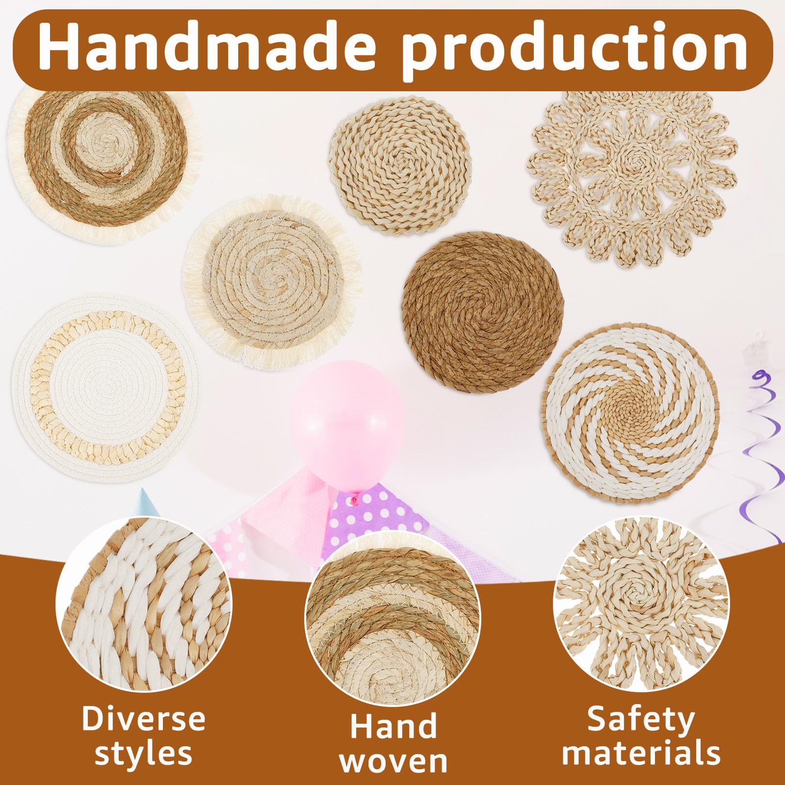 PTMTFYL Set Di 7 Cestini Da Parete Bohémien In Vimini Di Alghe – Fatti A Mano, Vari Diametri (15-30 Cm) Per Decorazione Rustica