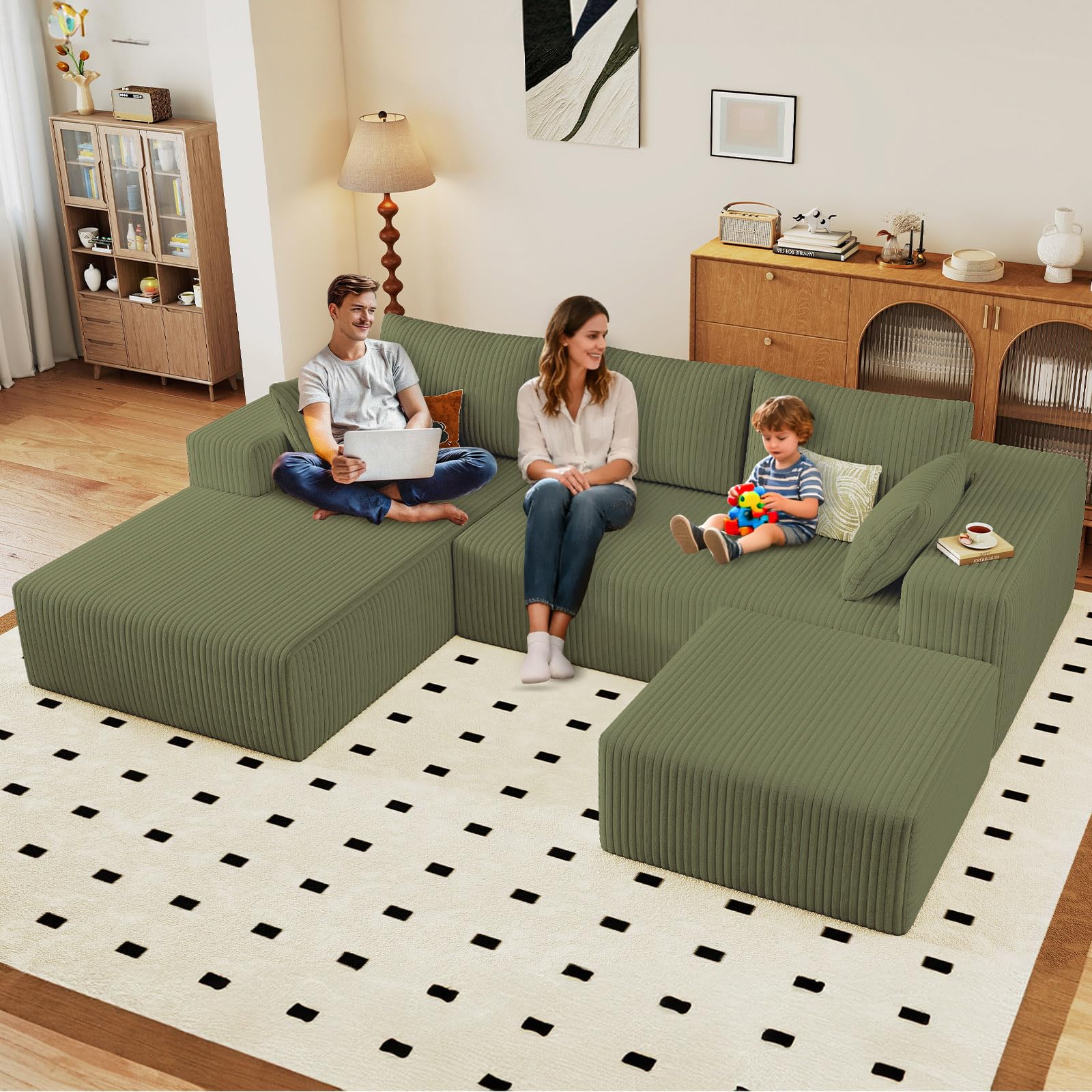 96" U-Shape Cloud Couch, Modern Modular Sectional L-Shape Sofa with Ottoman, Corduroy Upholstered Couches Deep Seat Sleeper Chaise Longue for Living Room, No Assembly Required(Green, Left Facing)