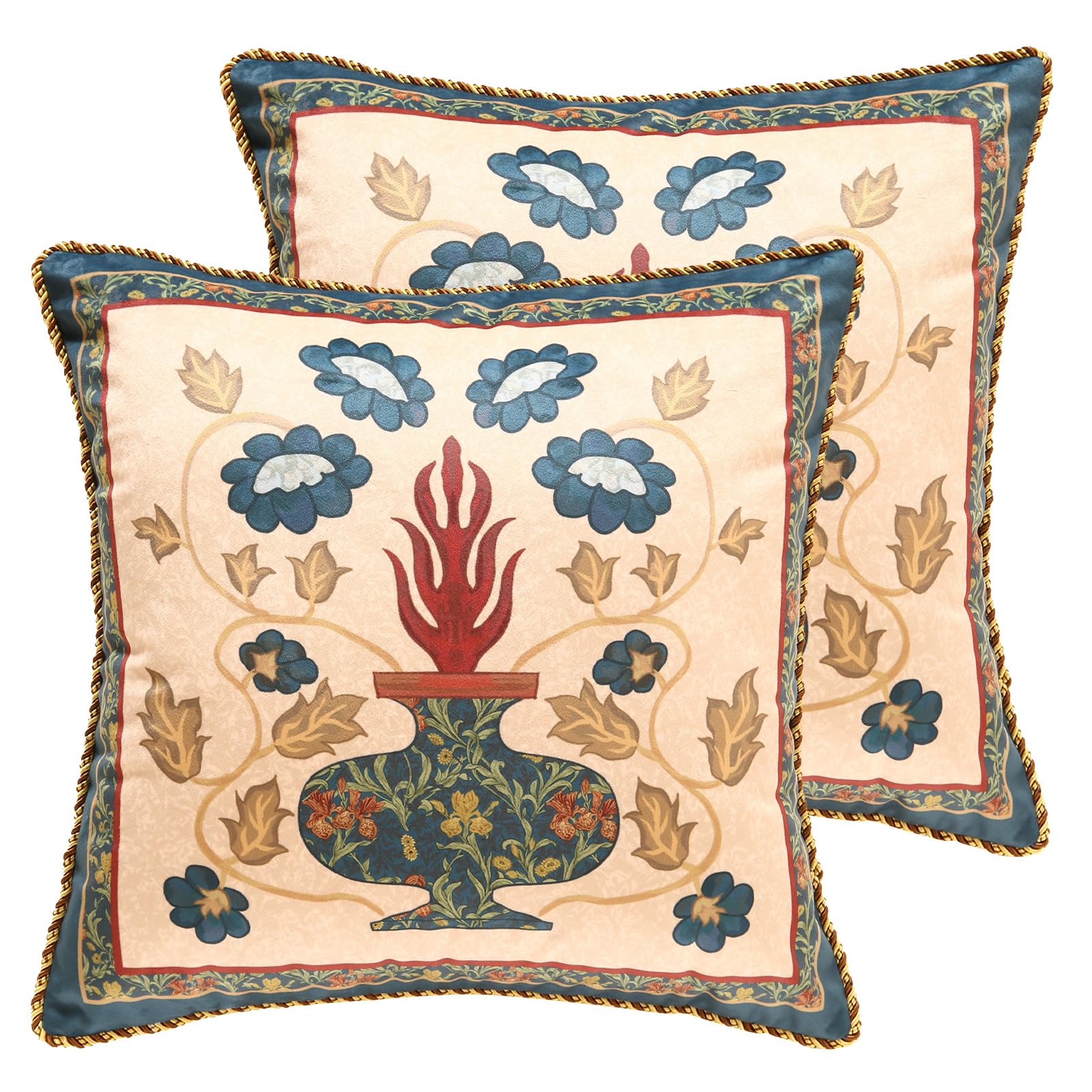patdrea Designer Vintage Folk Velvet Throw Pillow Cover 18x18 inches,Quaint Faux Embroidery Blue Floral Pattern,Decorative Square Pillowcases Cushion