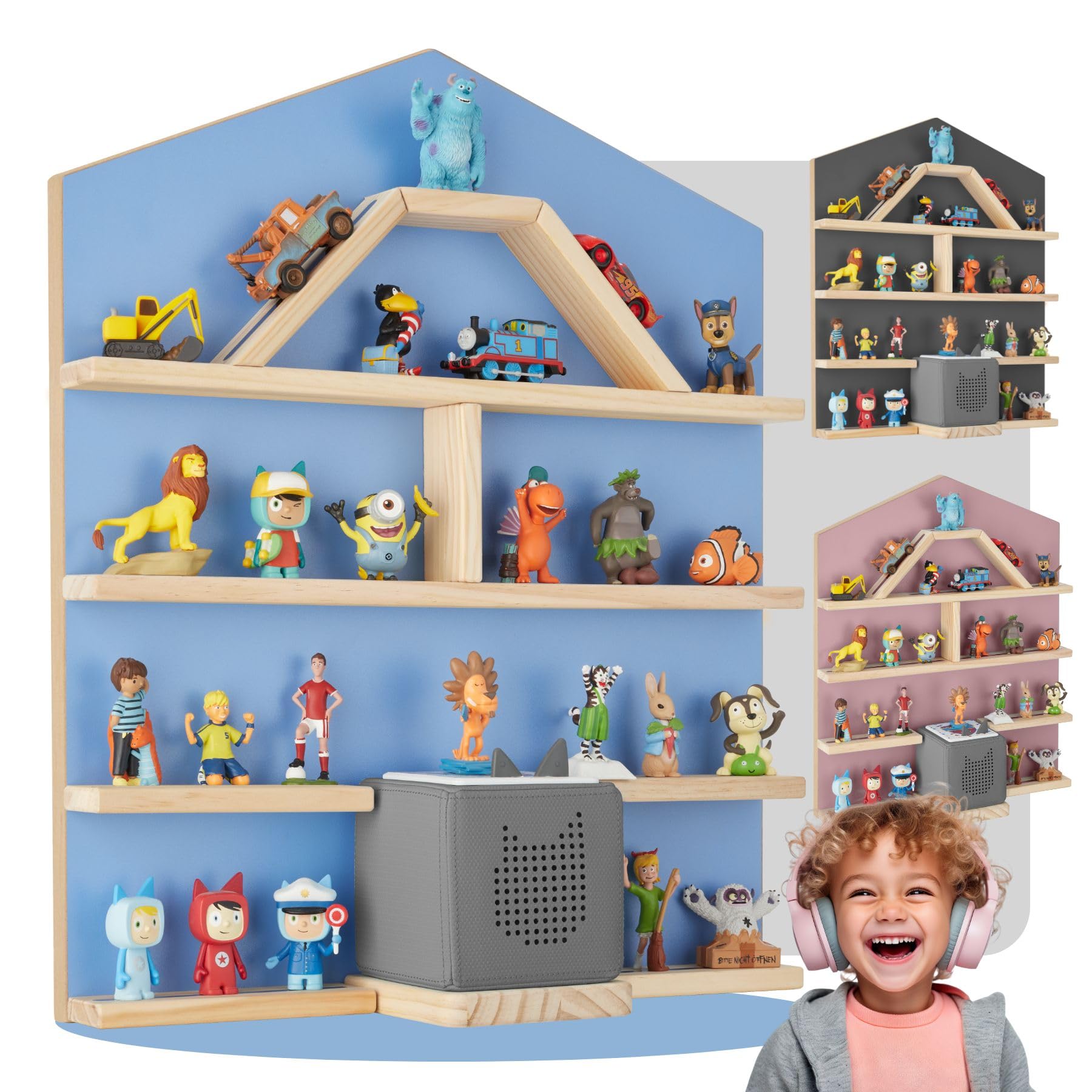 tectake® Holz Regal mit Magnetstreifen für Wand Montage, Wandregal für's Kinderzimmer, Aufbewahrung Musikbox, für Tonies Tonie Hörfiguren und Toniebox - blau