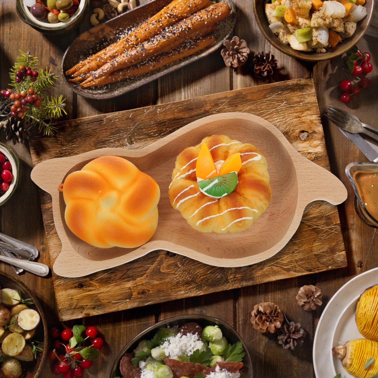 BESTonZON Cat Pattern Wooden Dessert Dish 9.44 Inch Beech Wood Serving Plate Japanese Style Tray for Snacks Cake Fruit Kitchen Use