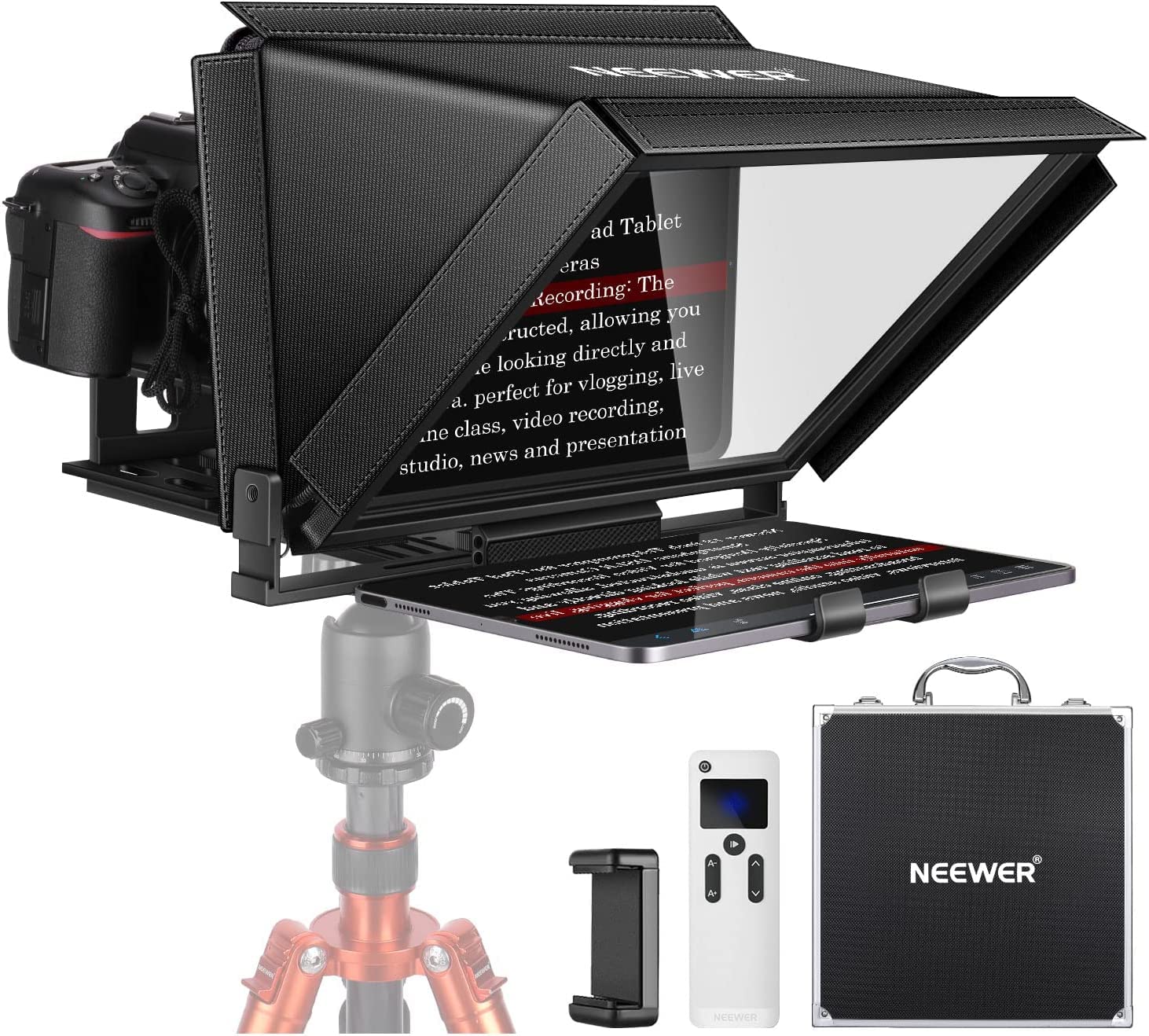 NEEWER Teleprompter X12 with RT-110 Remote (Bluetooth Connection Inside NEEWER Teleprompter App), Compatible with iPad, iOS/Android Tablet, Smartphone, DSLR Camera, All Metal Construction (Black)