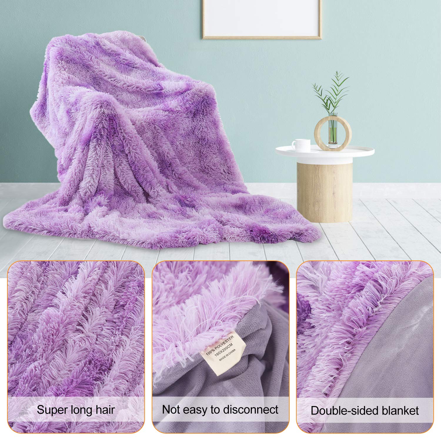 Galatée 160 * 200cm Elegante di alta Qualità Coperta double face Color Arcobaleno Plaid in Flanella di Pile Morbidissima Calda per Divano e Letto, Morbida Coperte di Microfibra Viola