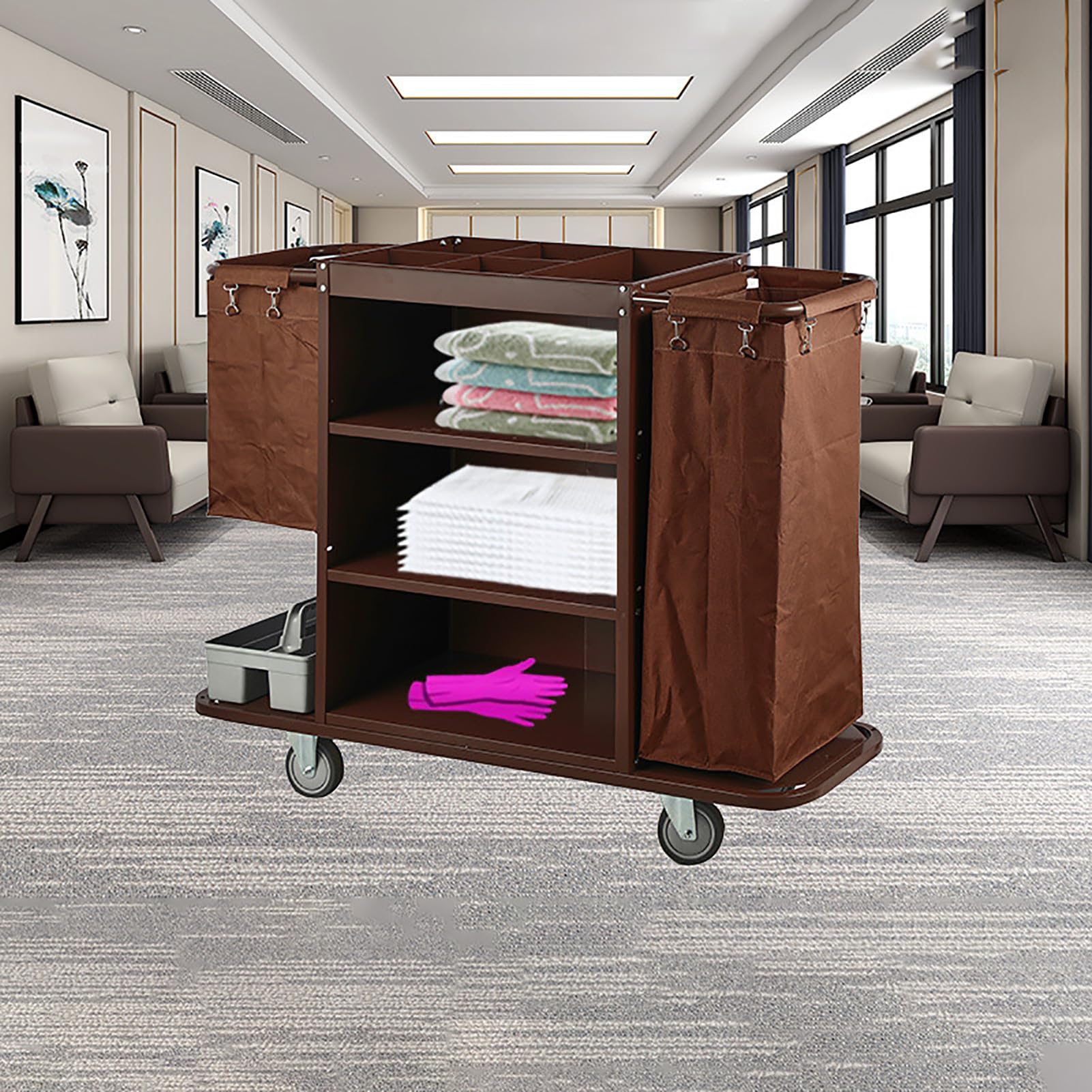 Carrello per Pulizie Commerciali con Ruote e Sacco per la Raccolta di rifiuti, Ideale per strutture Commerciali/Hotel/stadi/scuole/uffici, Colore Marrone.