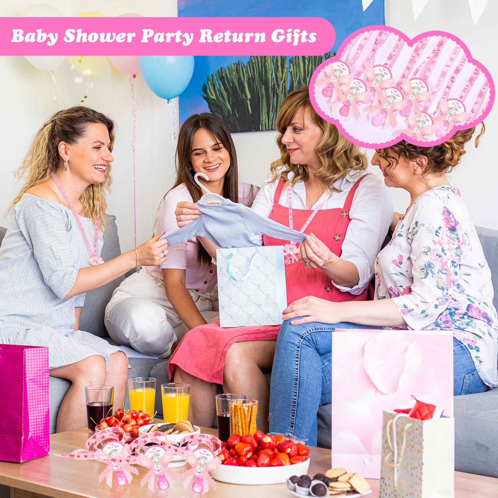 Remuuly Lot de 60 tétines en acrylique pour fête prénatale - Motif éléphant mignon - Pour filles et garçons - Décoration de fête - Rose - Fille