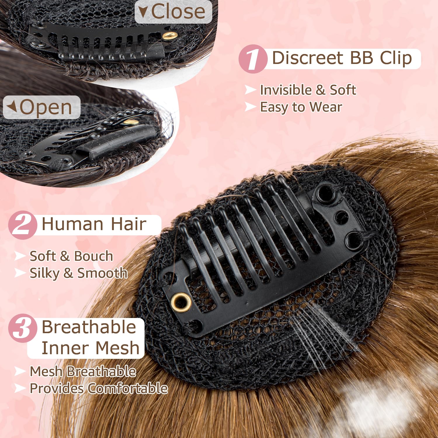Clip in Bangs 100% Real Human Hair Extensions Wispy Bangs for Women Fake Bangs Clip on Bangs Faux Hair extensions Fringe with Temples (Light Brown) - Image 3