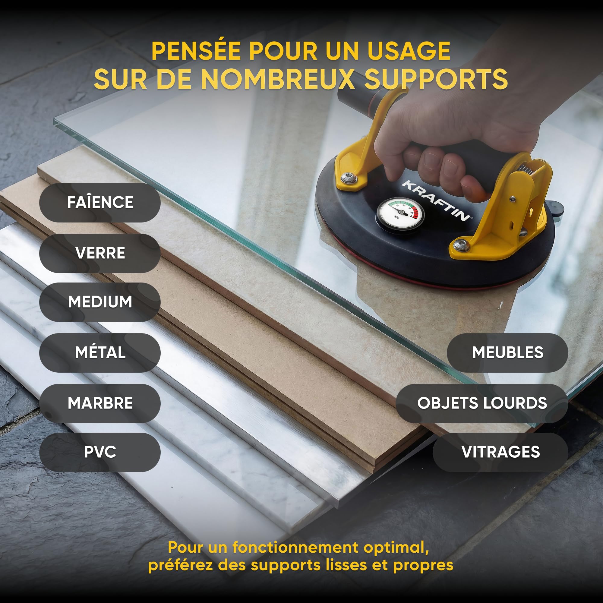 Ventouse Carrelage à Pompe Ø20 cm – Poignée avec Grip Caoutchouc Anti-Glisse, Niveau à Bulle et Manomètre – Haute Adhérence 150 kg pour Carreaux Grand Format, Cérame, Marbre, Verre et Granit