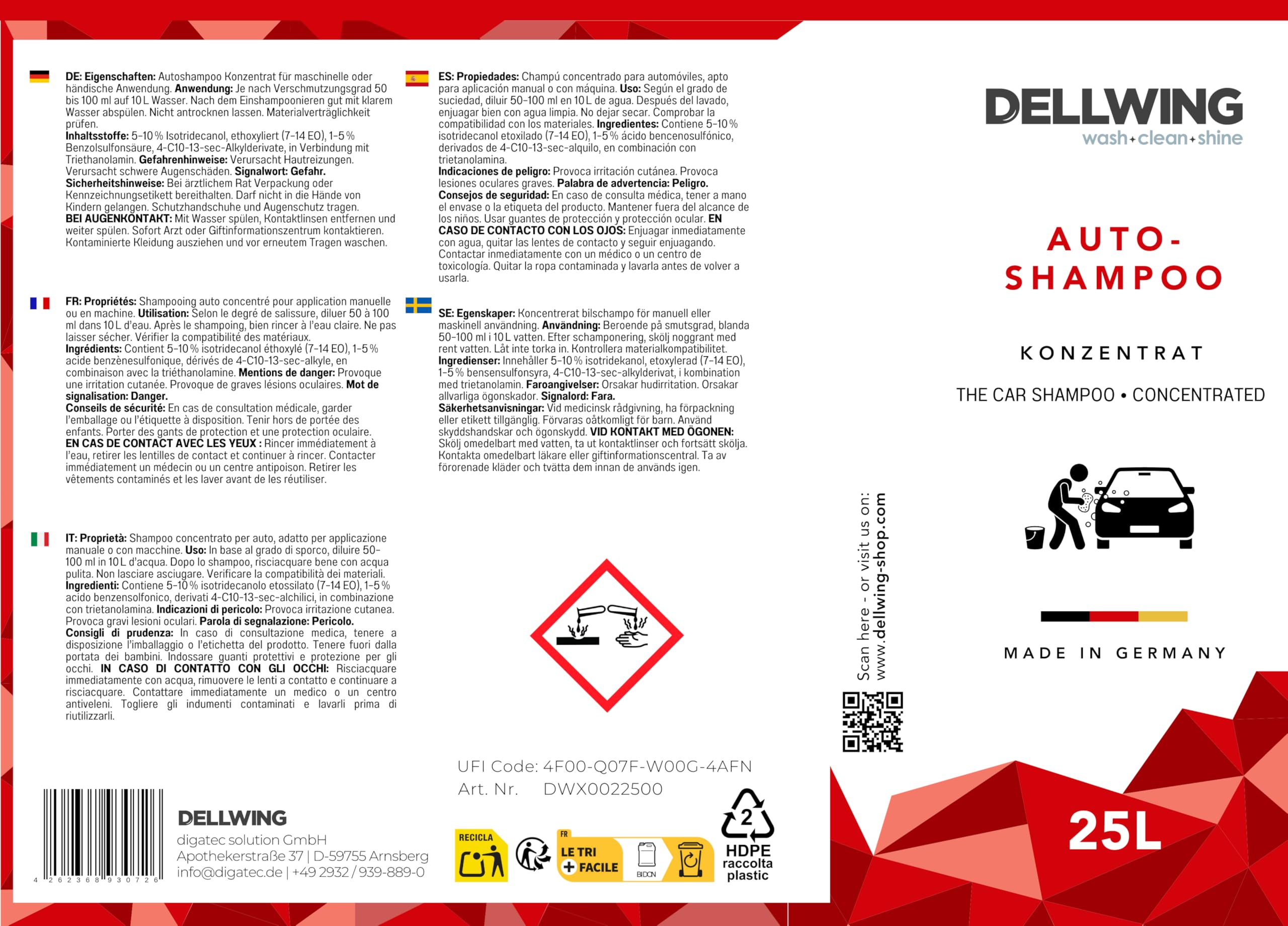 Dellwing Autoshampoo Konzentrat 25 l, Auto Shampoo mit Aktivschaumformel, Autowäsche und Autopflege außen, Made in Germany