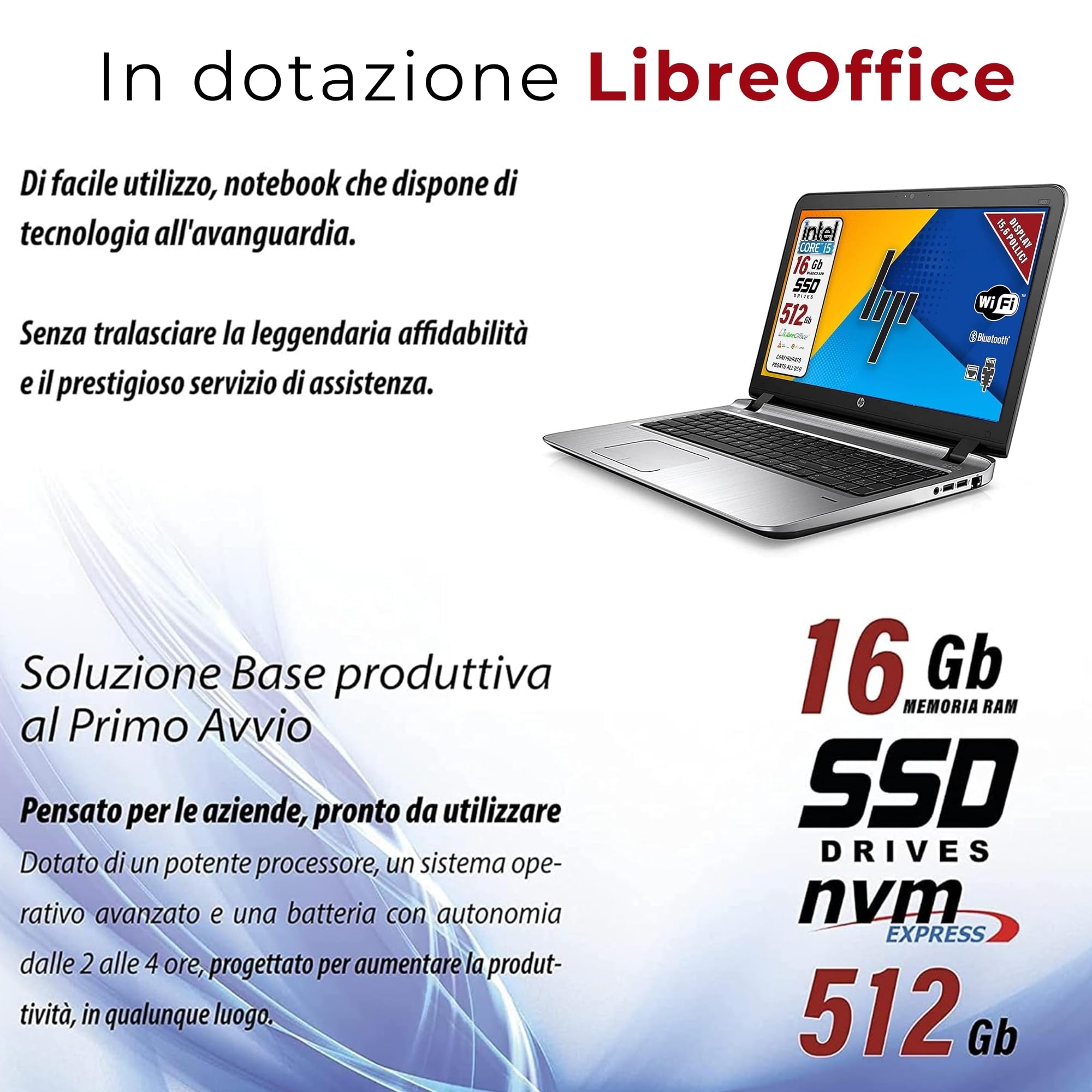 HP, Probook, Pc Portatile Notebook Intel i5-6th, Display HD da 15,6", Ram 16Gb, SSD 512Gb, Pacchetto Libre, Chiavetta FInger Print (Ricondizionato)