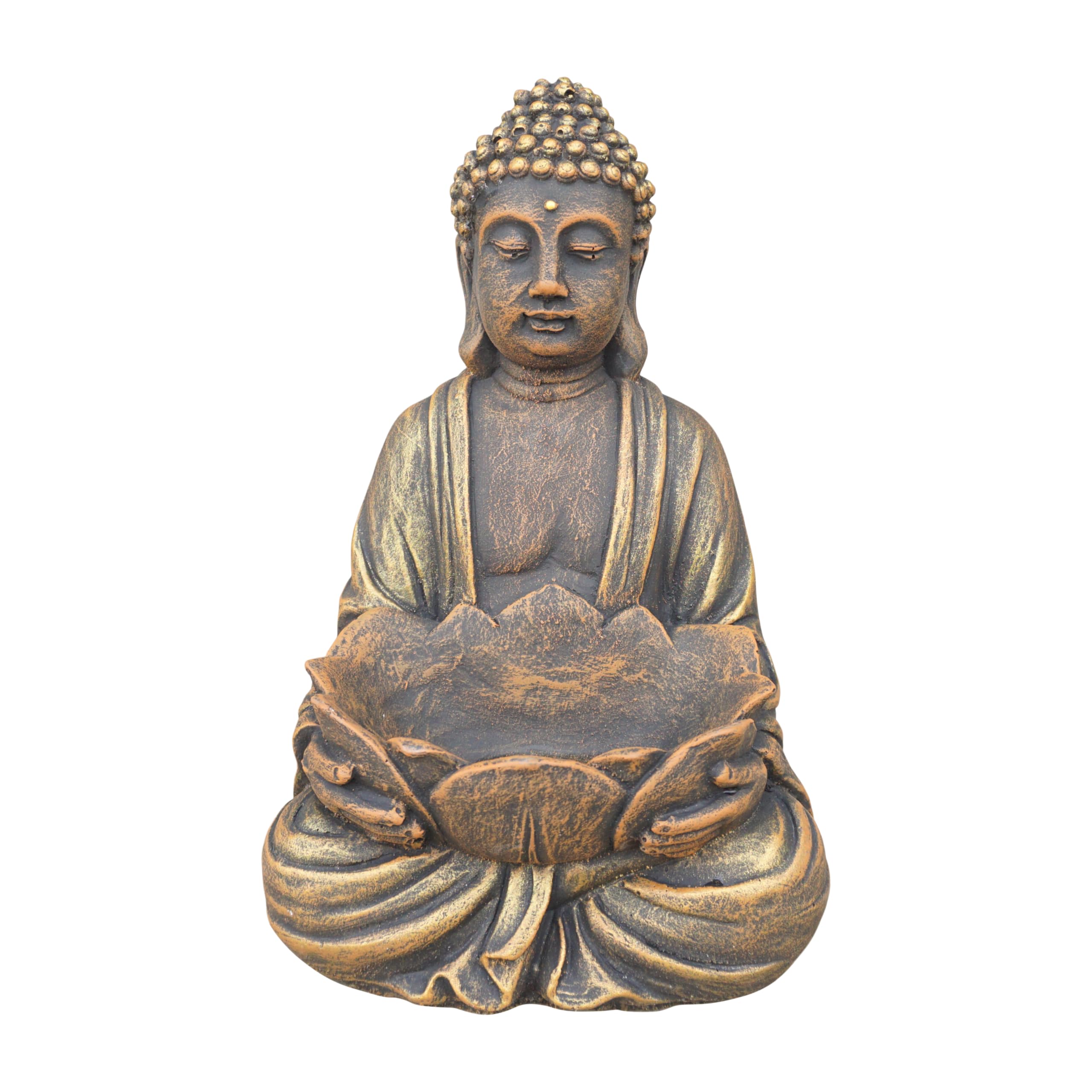 gartendekoparadies.de Bouddha avec bol en forme de fleur de lotus, figurine en pierre, hauteur 30 cm, 6 kg, résistant au gel, en pierre moulée, pour l'extérieur, doré