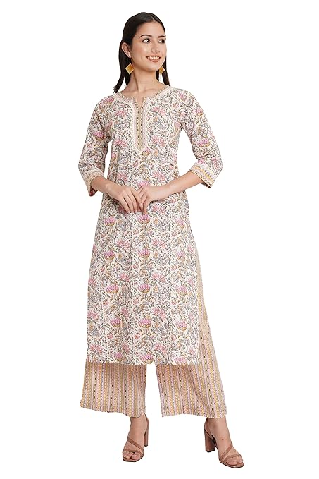 Jaipuri Cotton Printed Straight Kurta with Palazzos Set for Women