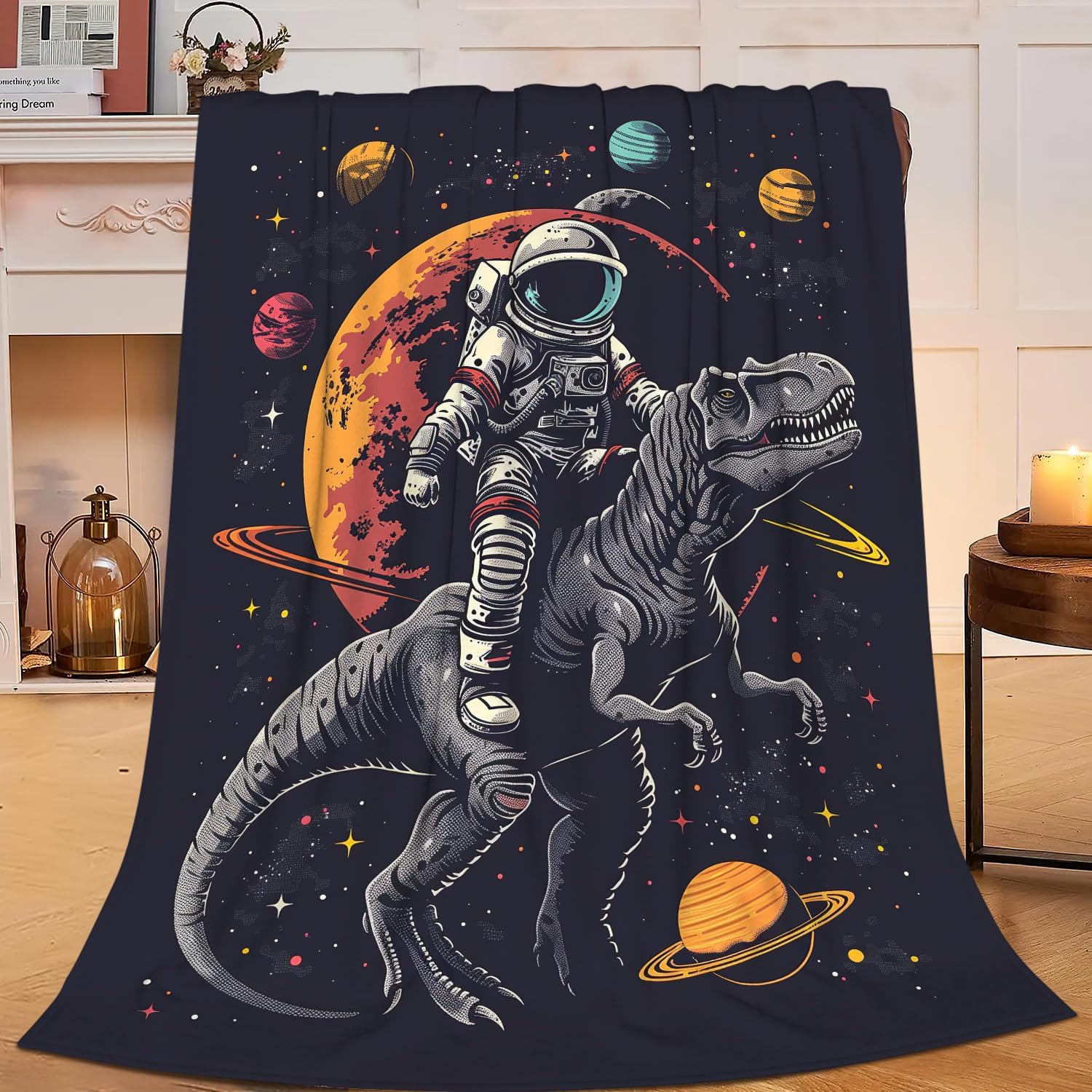 SweetFox Astronaut Dinosaur Blanket Funny Space Astronaut Decor Throw Blanket Gifts for Girls Boys Super Warm Soft Plush Fleece Flannel Winter Couch Bedding Blankets for Kids Adults Women 50"X40"