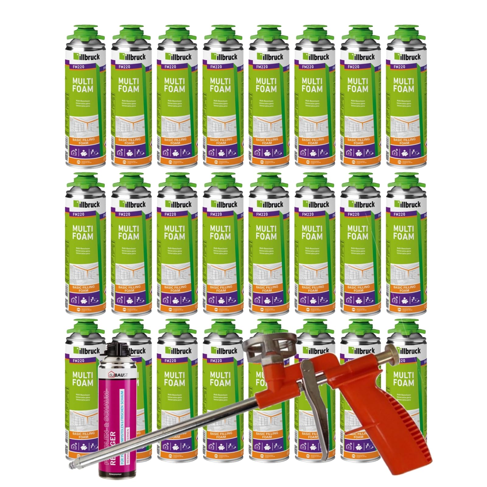 FM220 Bauschaum Montageschaum Pistolenschaum Multischaum Fensterschaum hohe Schalldämmung Wärmedämmung 500ml Kombisets (mit Reiniger AA290 + Schaumpistole Compact, 24x 500ml)