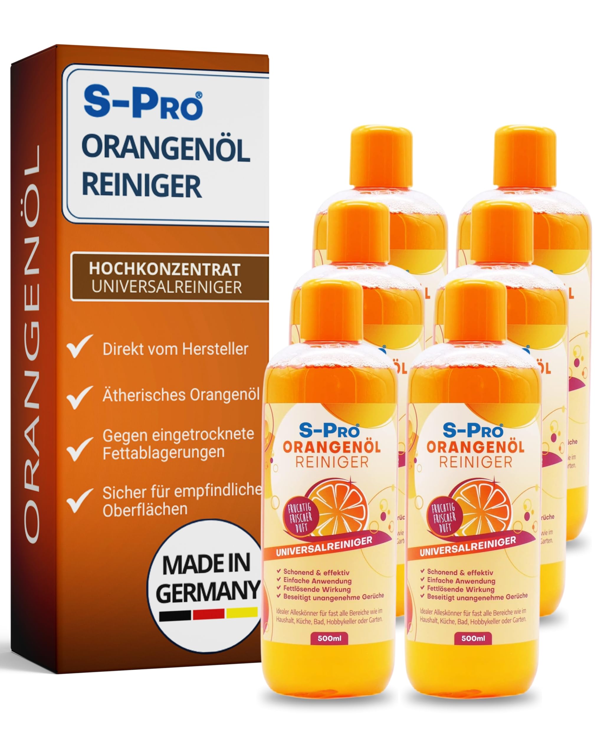 S-Pro - Orangenölreiniger fettlöser Konzentrat 6x500ml Flasche - Schonender Orangenreiniger hochkonzentriert mit frischem Orangenduft - Allzweckreiniger Reinigungsmittel für Haushalt, Küche & Bad