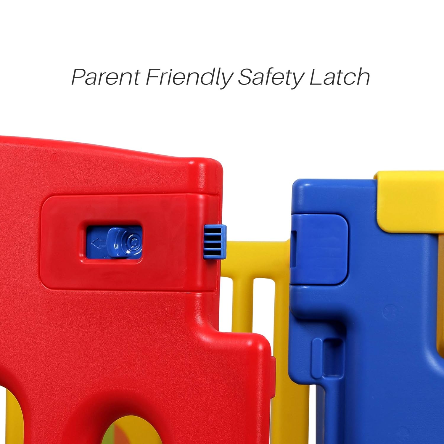 Close-up of the playpen's game panel featuring a picture house, toy phone, and spinning balls.